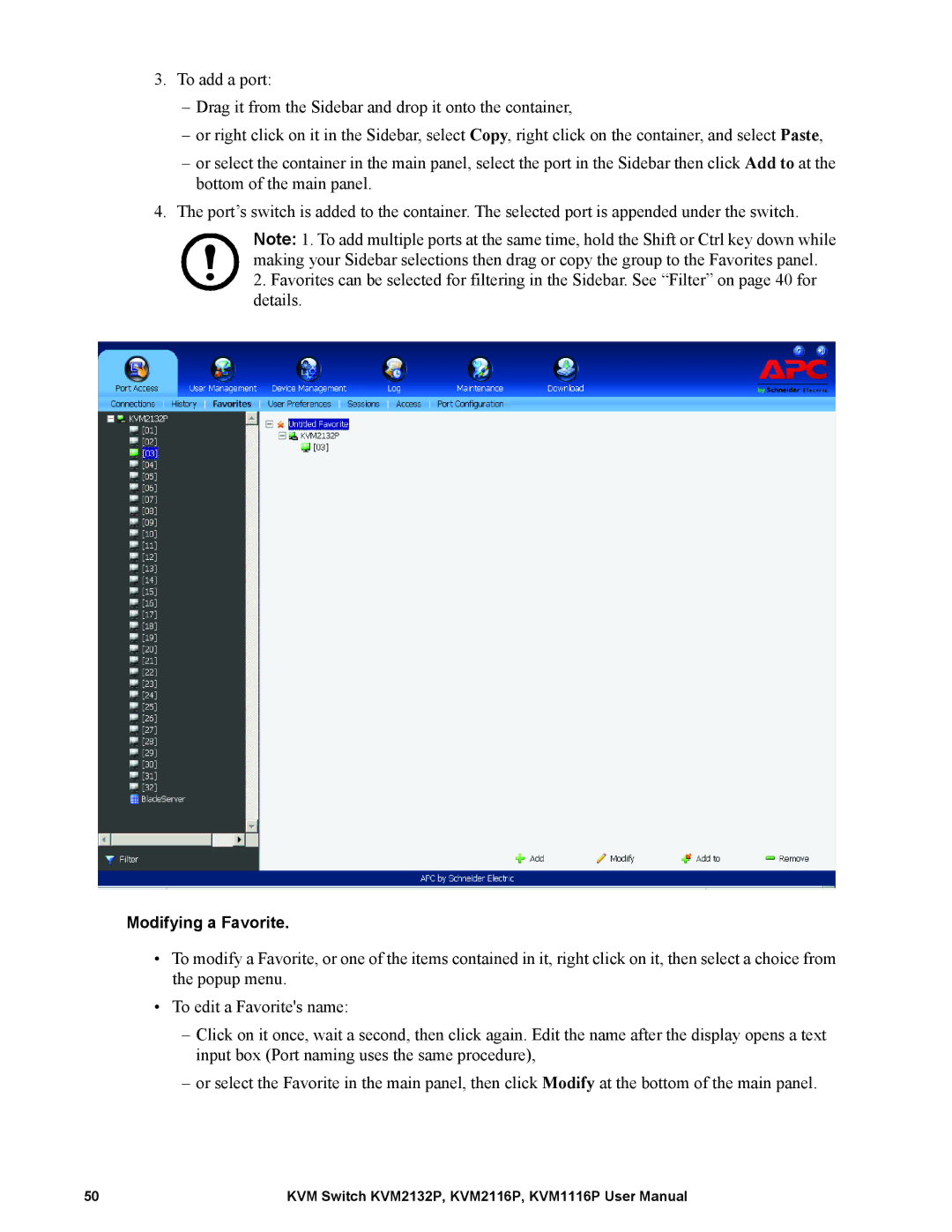 Schneider Electric KVM1116P, KVM2132P, KVM2116P user manual Modifying a Favorite 