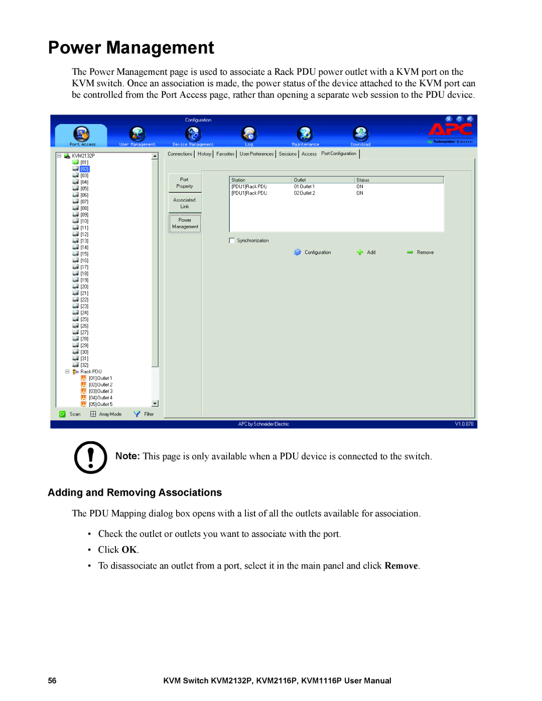 Schneider Electric KVM1116P, KVM2132P, KVM2116P user manual Power Management, Adding and Removing Associations 