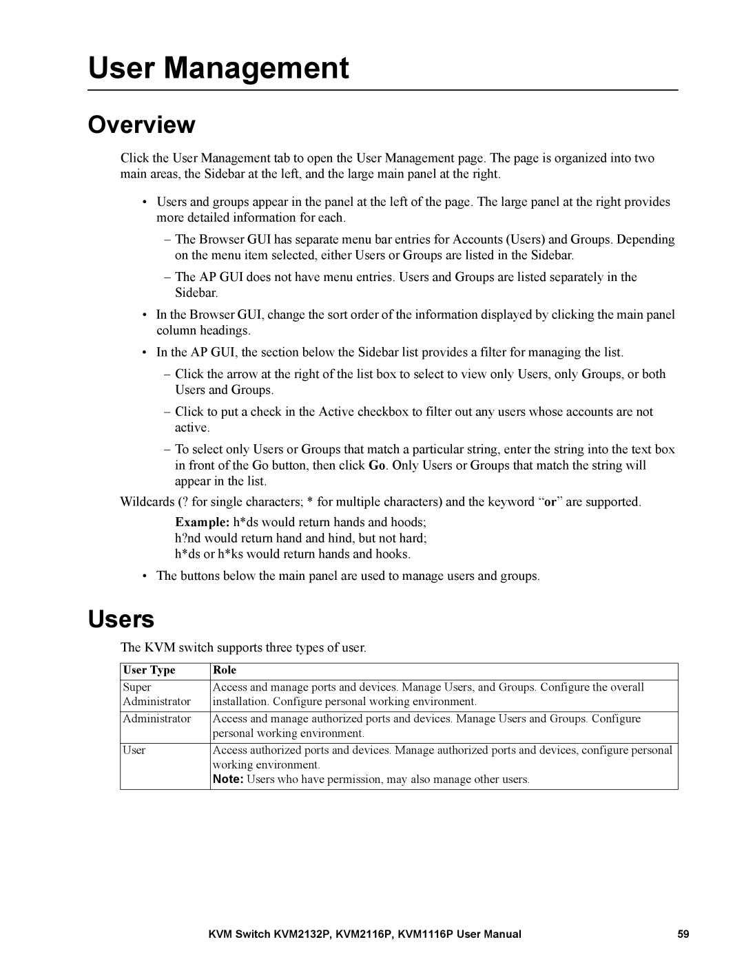 Schneider Electric KVM1116P, KVM2132P, KVM2116P user manual User Management, Users, User Type Role 