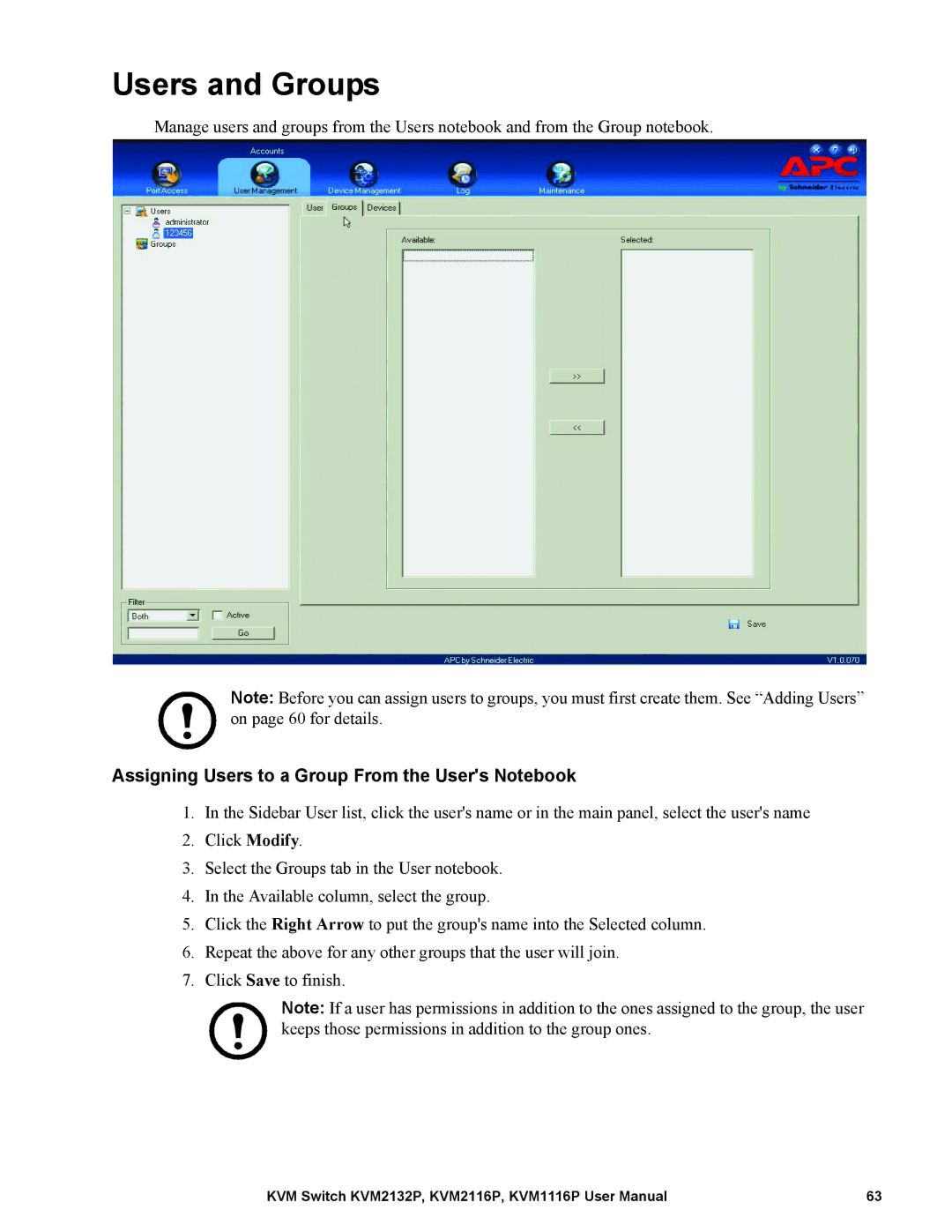 Schneider Electric KVM2132P, KVM2116P, KVM1116P Users and Groups, Assigning Users to a Group From the Users Notebook 