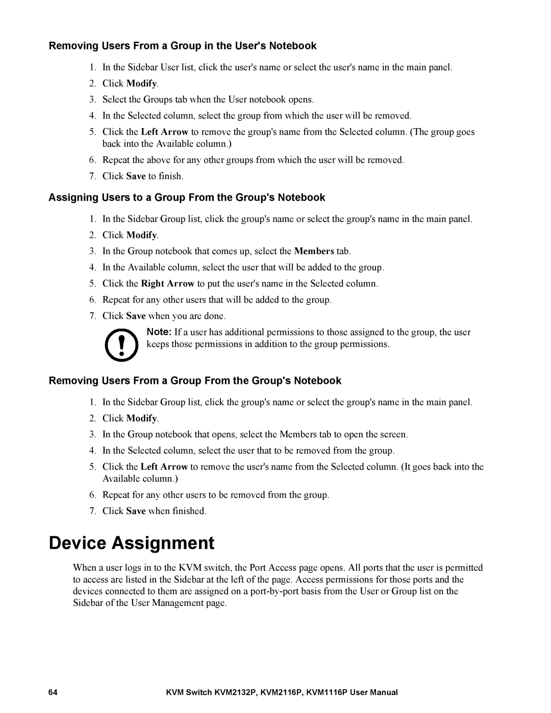 Schneider Electric KVM2116P, KVM2132P, KVM1116P Device Assignment, Removing Users From a Group in the Users Notebook 