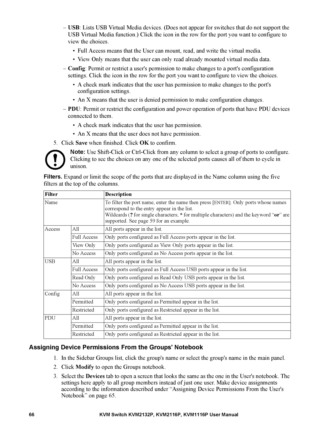 Schneider Electric KVM2132P, KVM2116P, KVM1116P Assigning Device Permissions From the Groups Notebook, Filter Description 