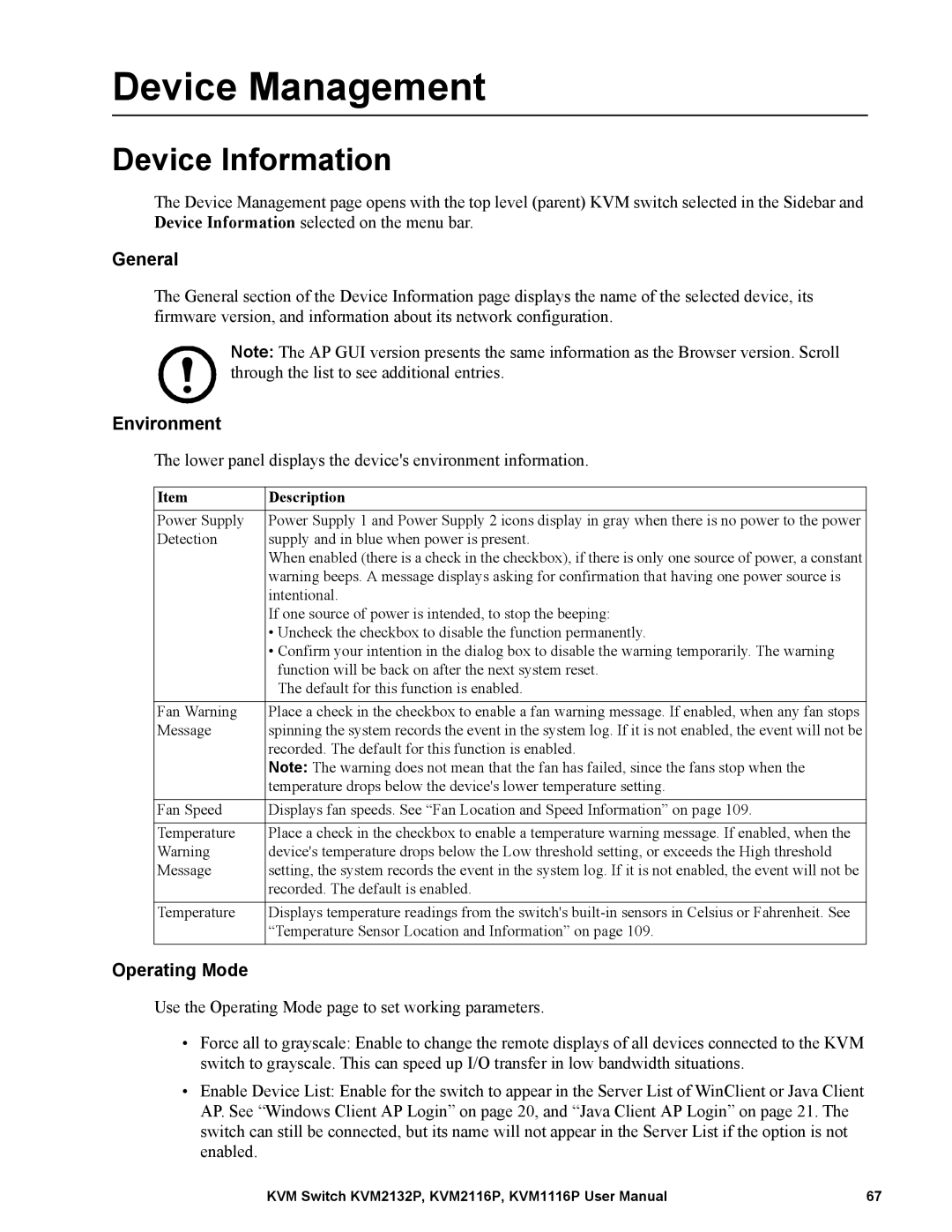 Schneider Electric KVM2116P, KVM2132P, KVM1116P Device Management, Device Information, General, Environment, Operating Mode 