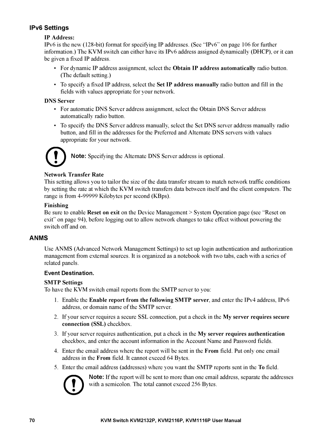 Schneider Electric KVM2116P, KVM2132P, KVM1116P user manual IPv6 Settings, Network Transfer Rate, Finishing, Smtp Settings 