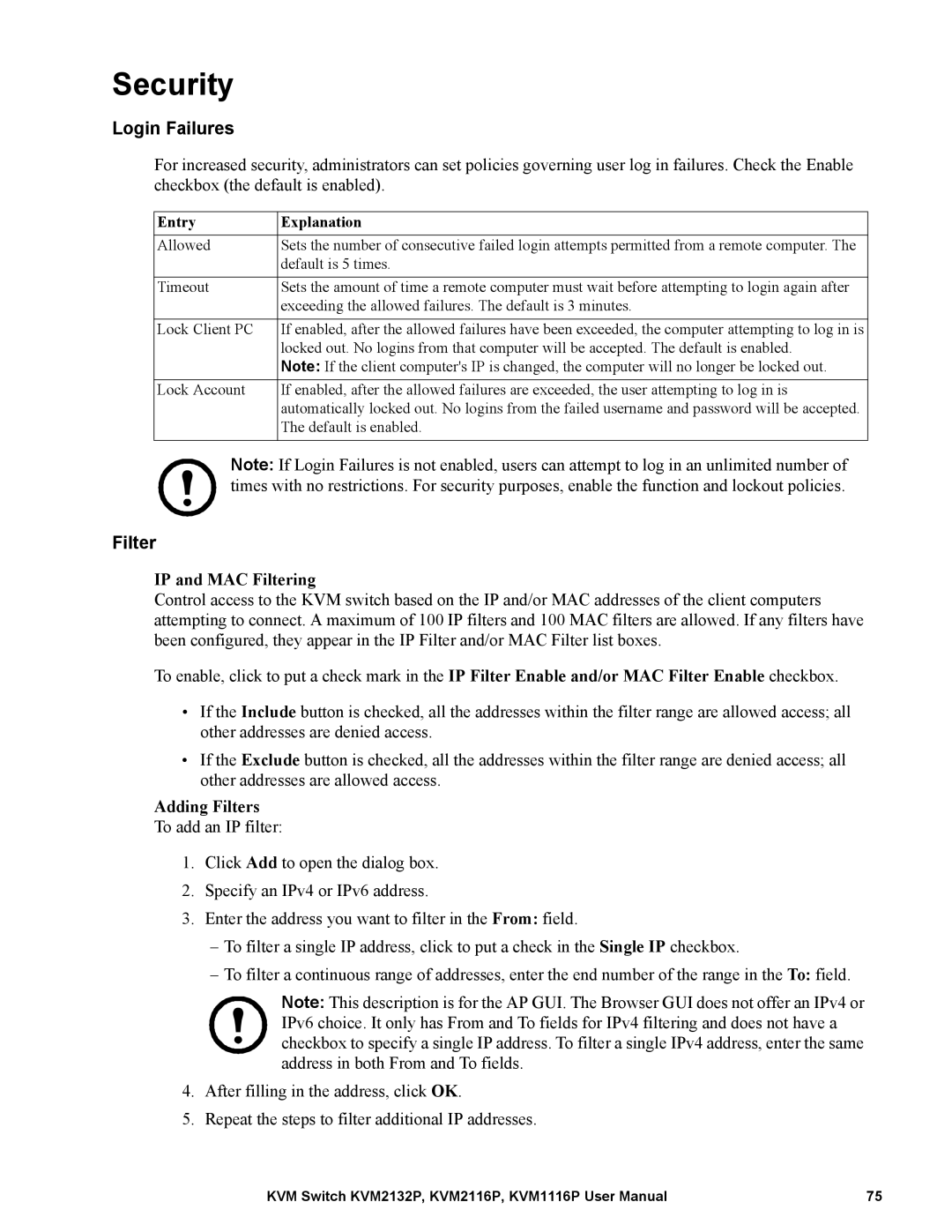 Schneider Electric KVM2132P, KVM2116P Security, Login Failures, IP and MAC Filtering, Adding Filters, Entry Explanation 