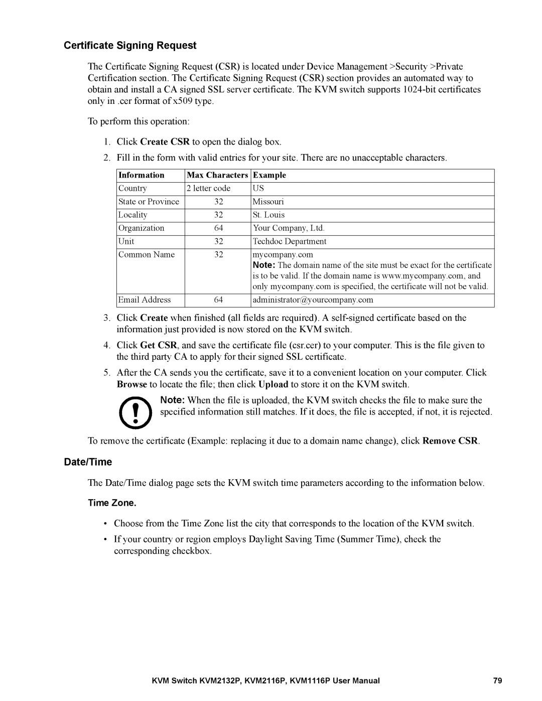 Schneider Electric KVM2116P, KVM2132P, KVM1116P Certificate Signing Request, Date/Time, Information Max Characters Example 