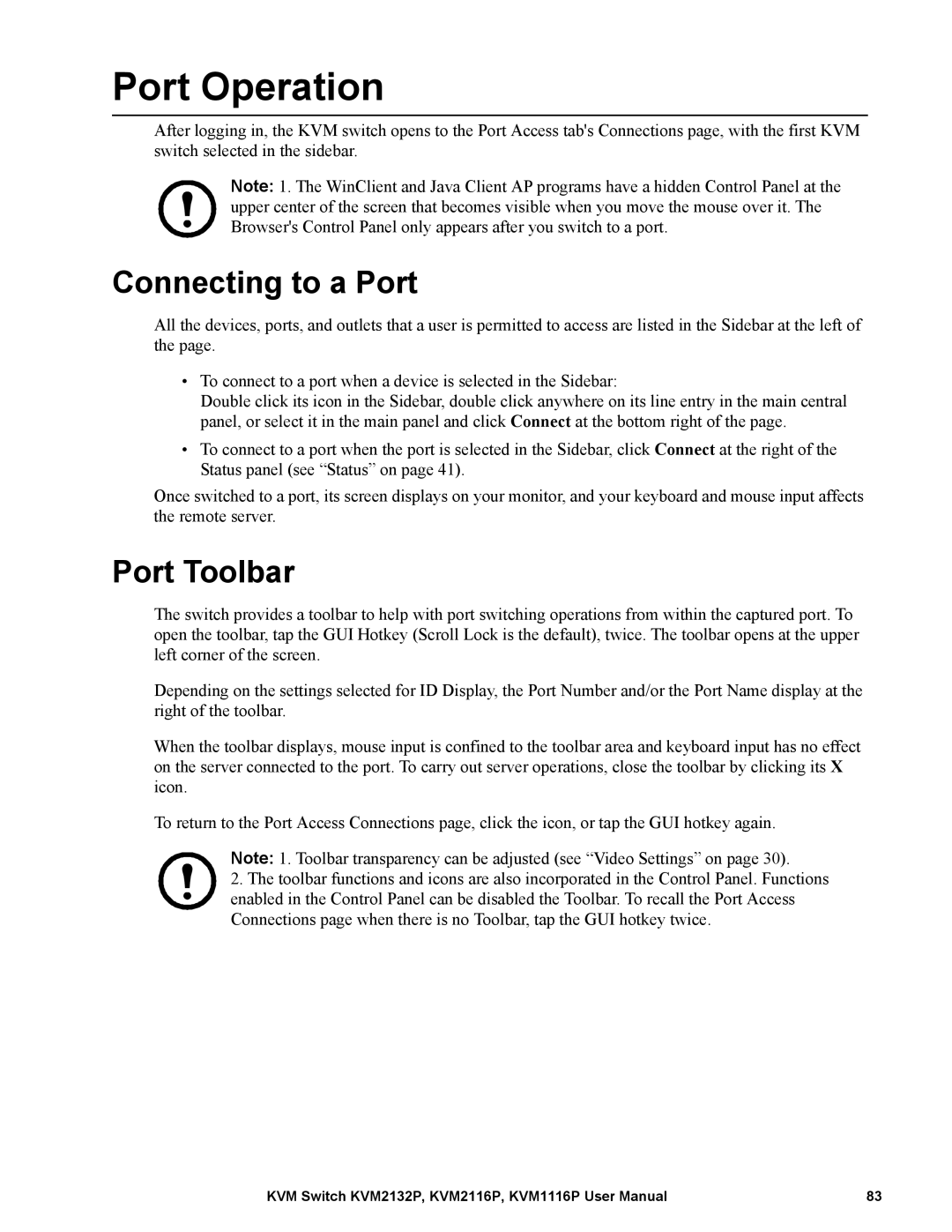 Schneider Electric KVM1116P, KVM2132P, KVM2116P user manual Port Operation, Connecting to a Port, Port Toolbar 