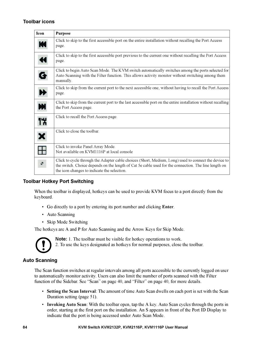 Schneider Electric KVM2132P, KVM2116P, KVM1116P Toolbar icons, Toolbar Hotkey Port Switching, Auto Scanning, Icon Purpose 