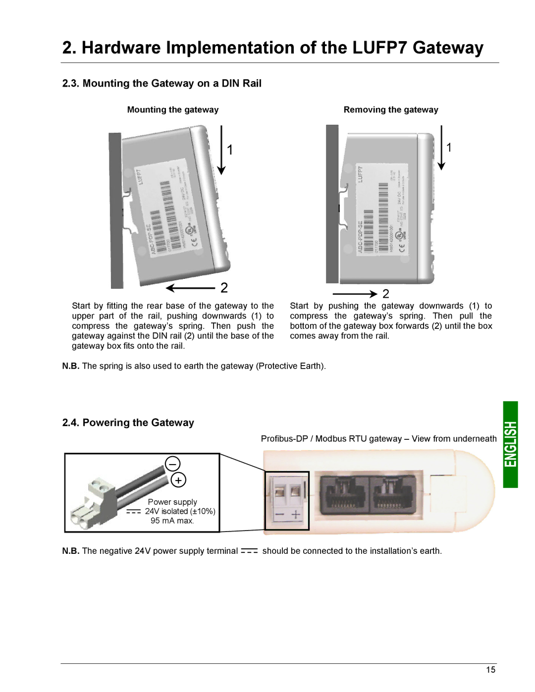 Schneider Electric LUFP7 user manual Mounting the Gateway on a DIN Rail, Powering the Gateway, Mounting the gateway 