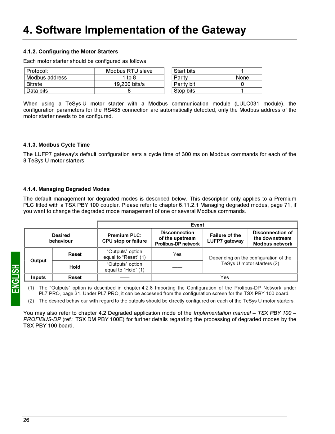 Schneider Electric LUFP7 user manual Configuring the Motor Starters, Modbus Cycle Time, Managing Degraded Modes 