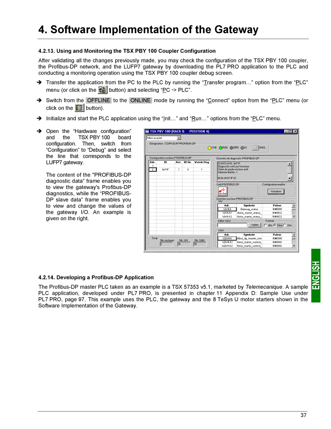 Schneider Electric LUFP7 Using and Monitoring the TSX PBY 100 Coupler Configuration, Developing a Profibus-DP Application 