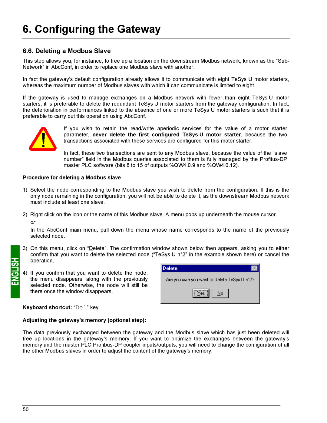 Schneider Electric LUFP7 user manual Deleting a Modbus Slave, Procedure for deleting a Modbus slave 