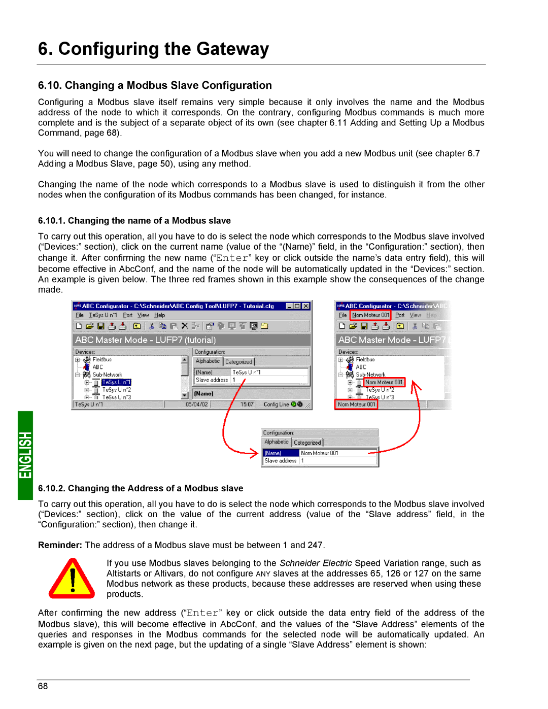 Schneider Electric LUFP7 user manual Changing a Modbus Slave Configuration, Changing the name of a Modbus slave 