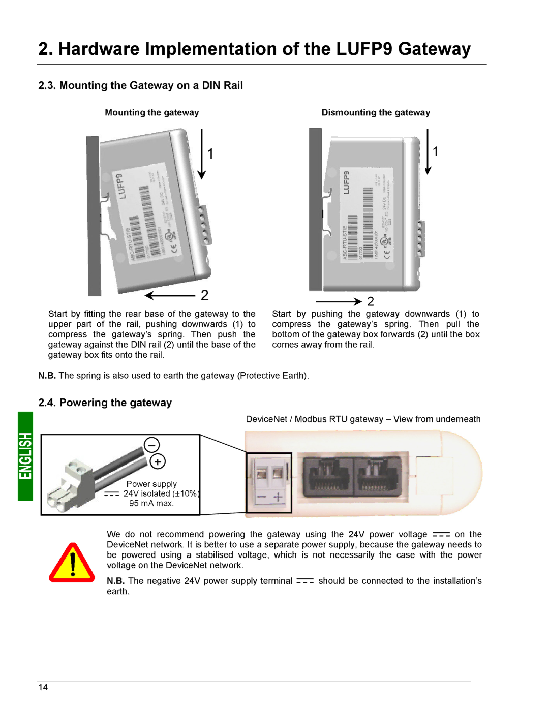 Schneider Electric LUFP9 user manual Mounting the Gateway on a DIN Rail, Powering the gateway 