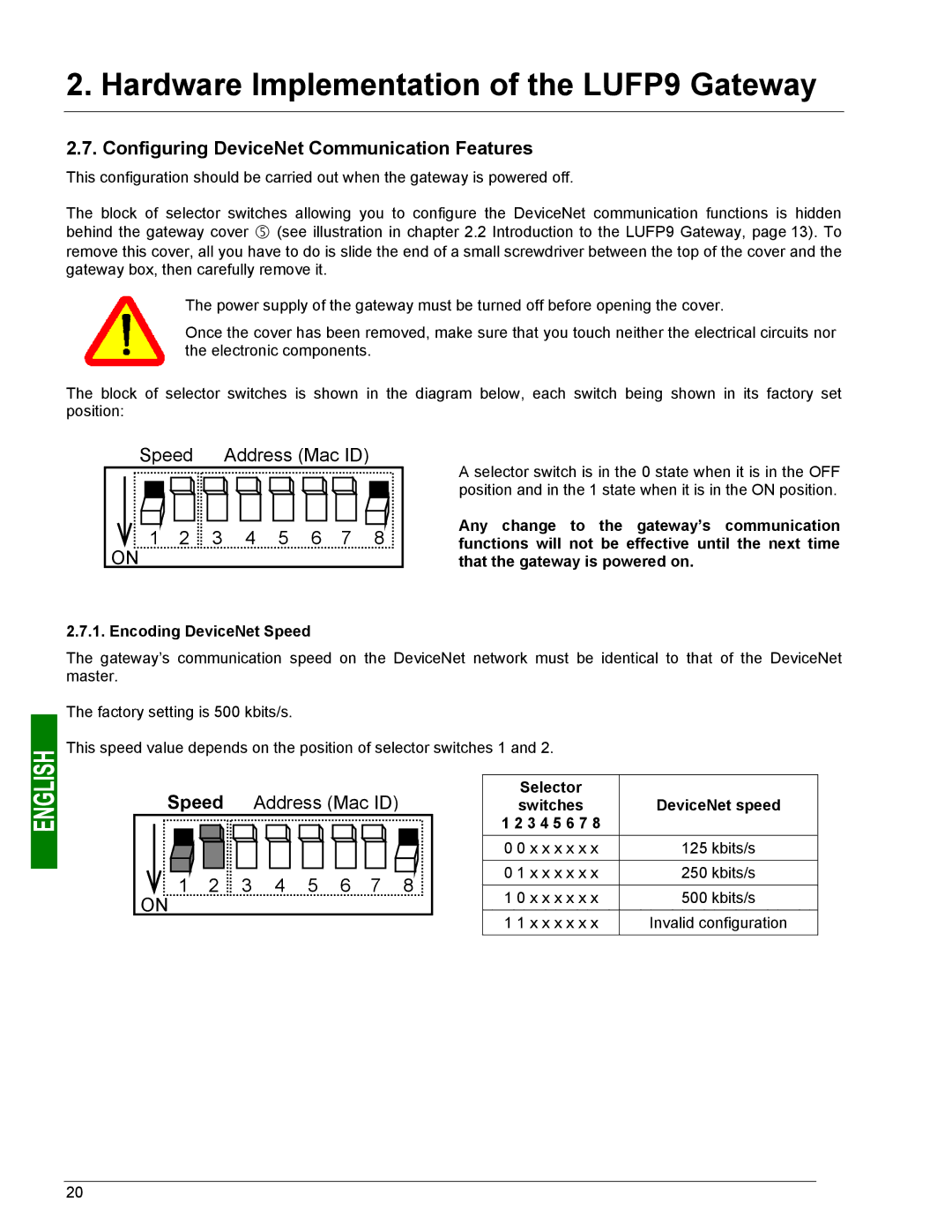 Schneider Electric LUFP9 Configuring DeviceNet Communication Features, Selector Switches DeviceNet speed 3 4 5 6 7 