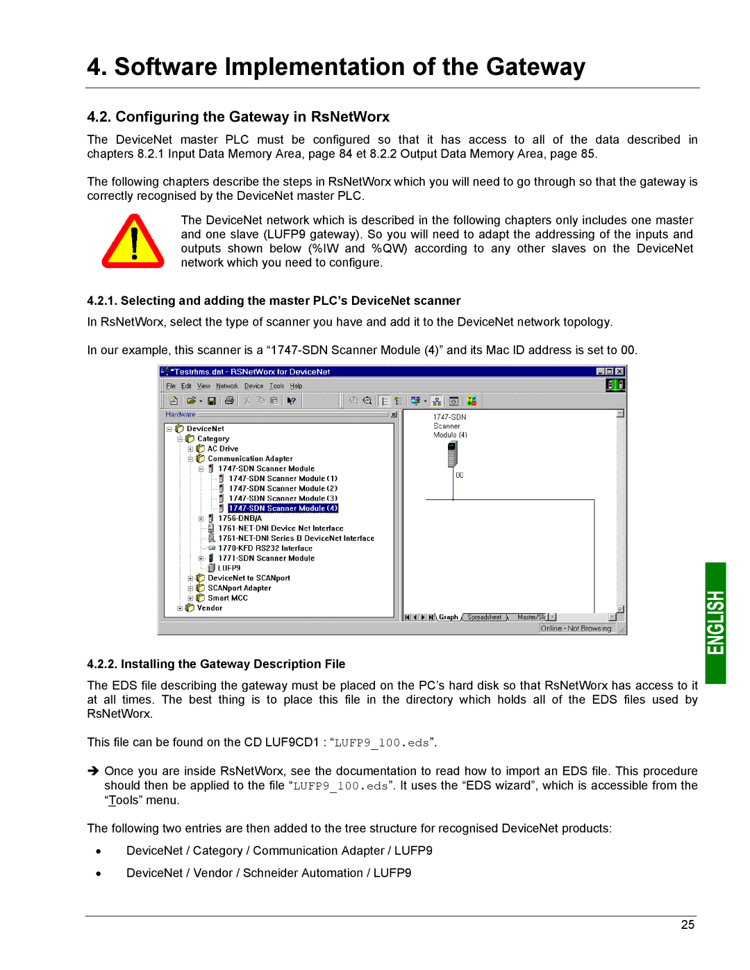 Schneider Electric LUFP9 Configuring the Gateway in RsNetWorx, Selecting and adding the master PLC’s DeviceNet scanner 