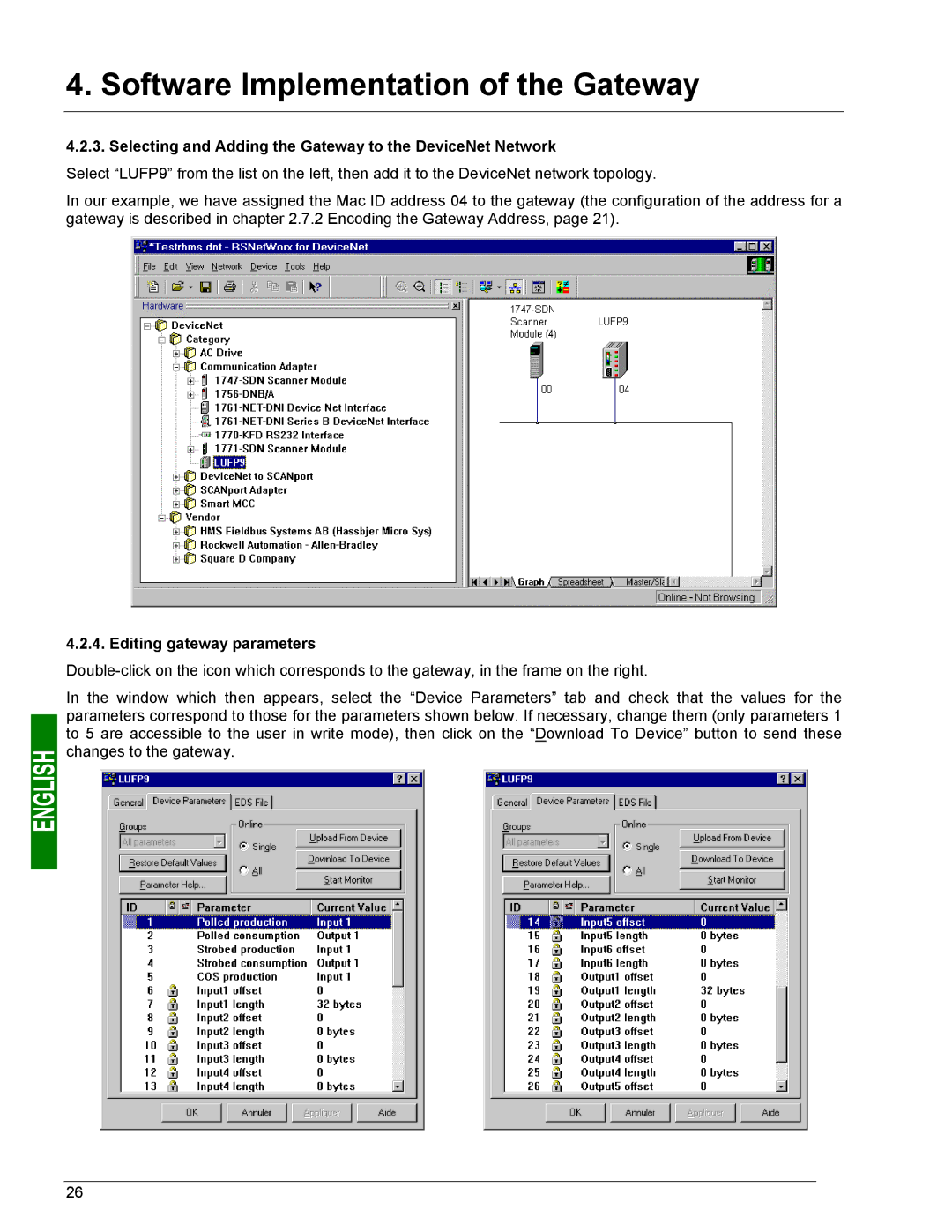 Schneider Electric LUFP9 user manual Selecting and Adding the Gateway to the DeviceNet Network, Editing gateway parameters 