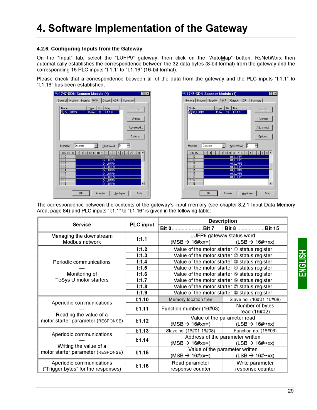 Schneider Electric LUFP9 Configuring Inputs from the Gateway, Service PLC input Description, I1.1, I1.2, I1.3, I1.4, I1.5 