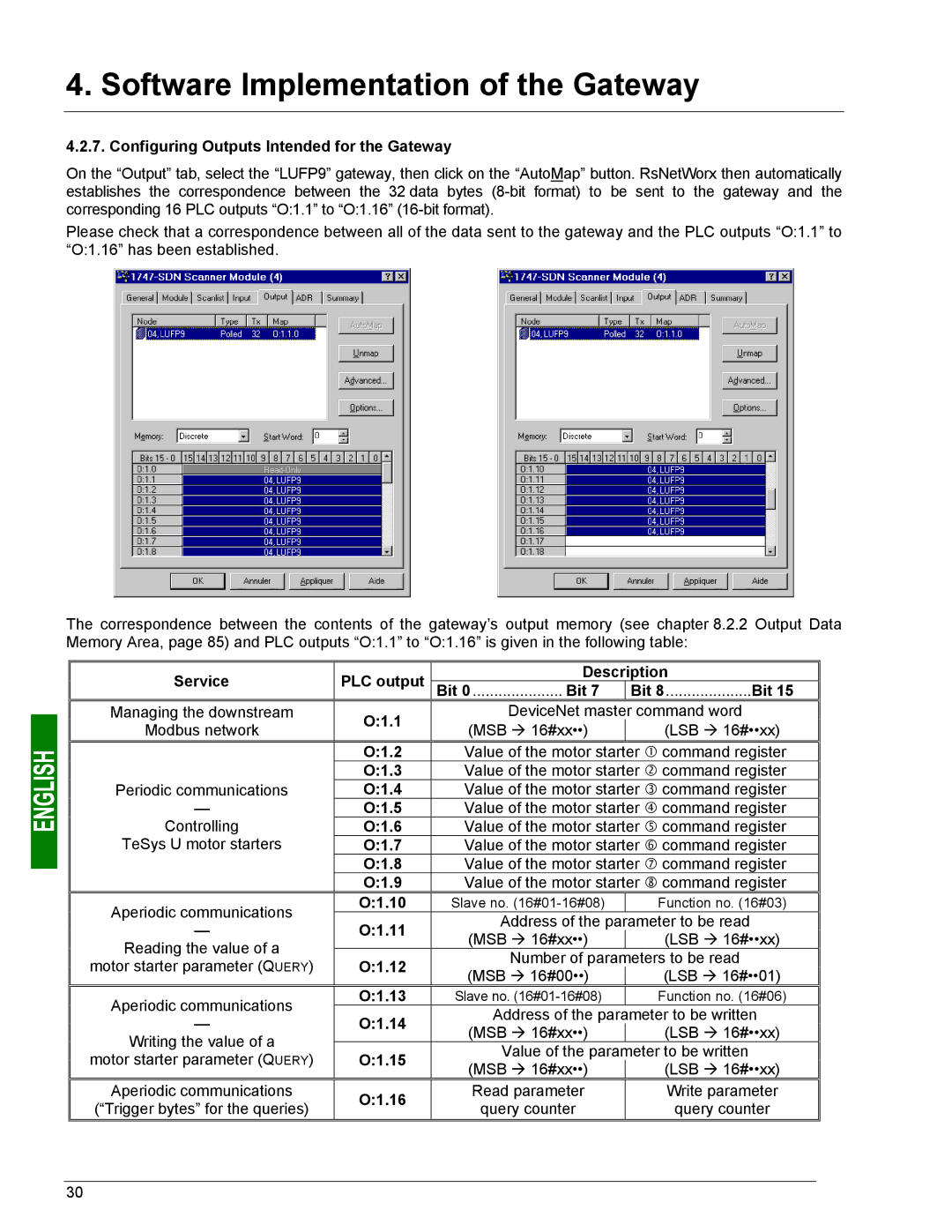 Schneider Electric LUFP9 Configuring Outputs Intended for the Gateway, Service PLC output Description, O1.1, O1.2, O1.3 