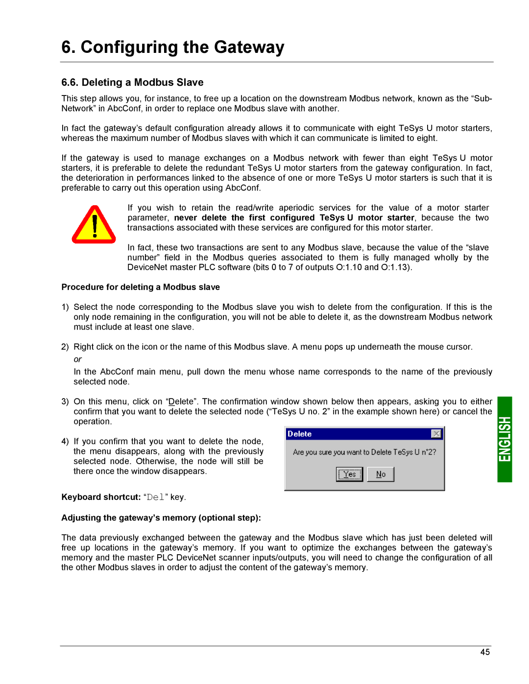 Schneider Electric LUFP9 user manual Deleting a Modbus Slave, Procedure for deleting a Modbus slave 