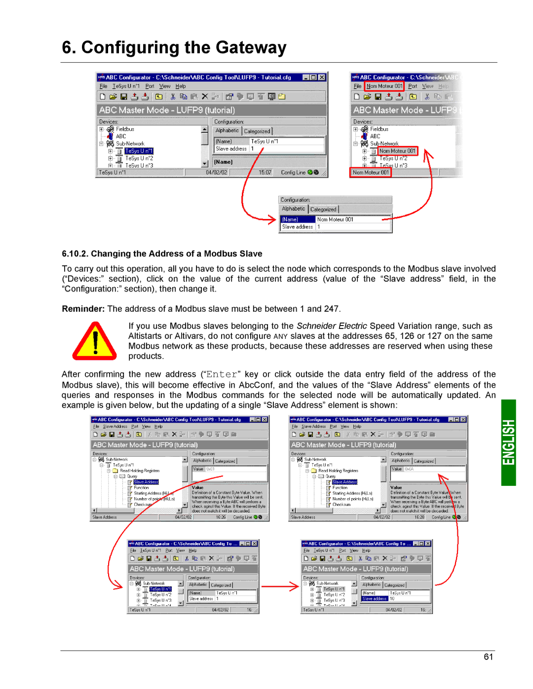 Schneider Electric LUFP9 user manual Changing the Address of a Modbus Slave 