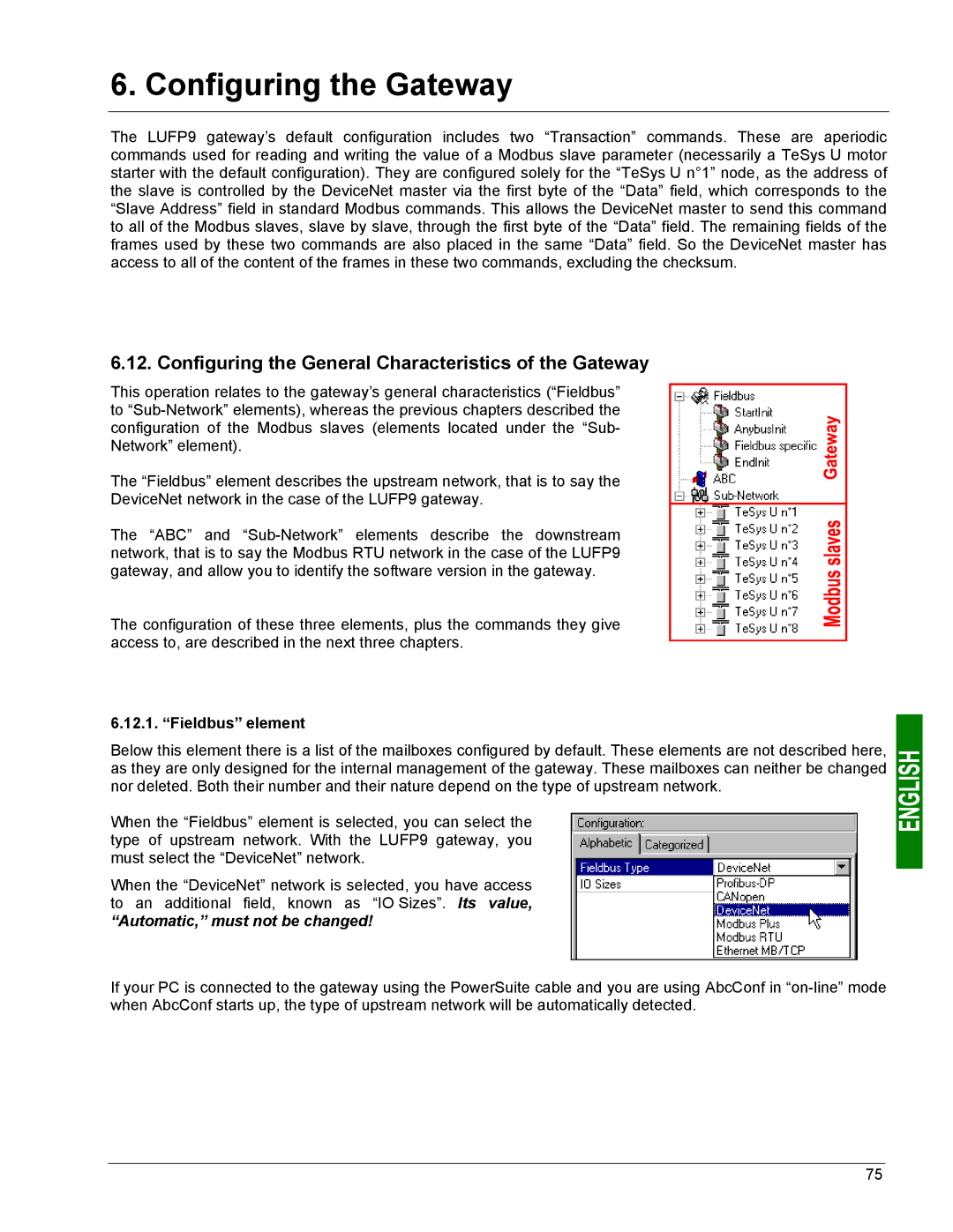 Schneider Electric LUFP9 user manual Configuring the General Characteristics of the Gateway, Fieldbus element 