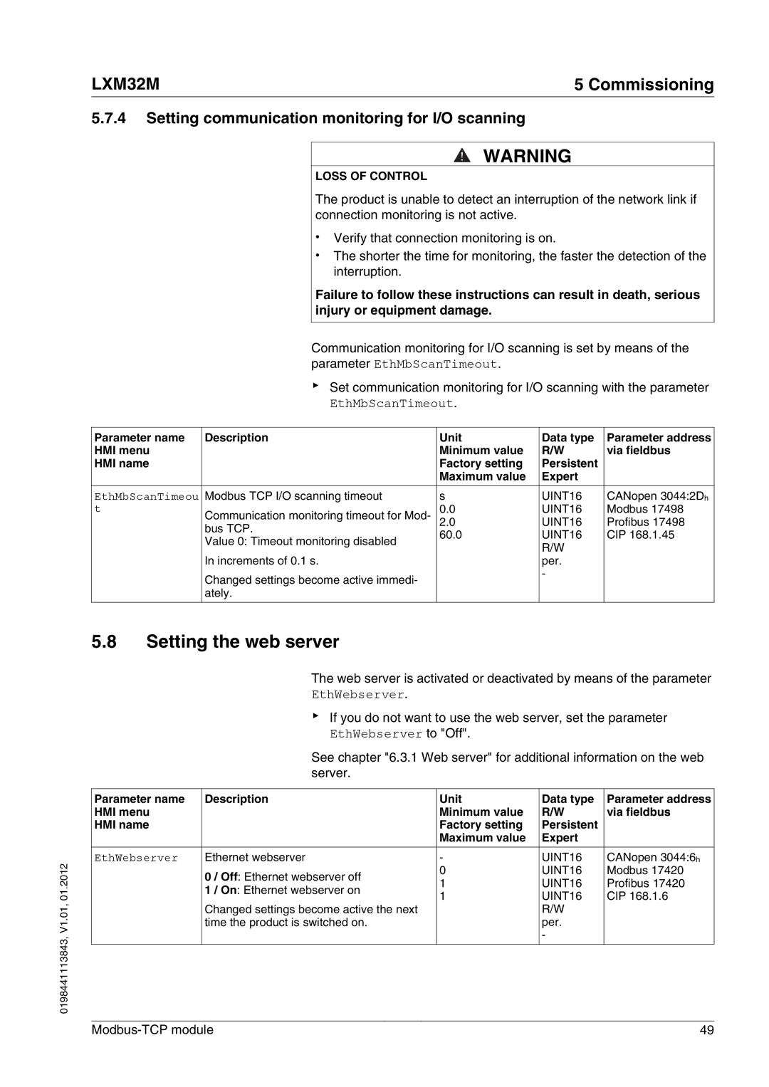 Schneider Electric LXM32M manual Setting the web server, Setting communication monitoring for I/O scanning 