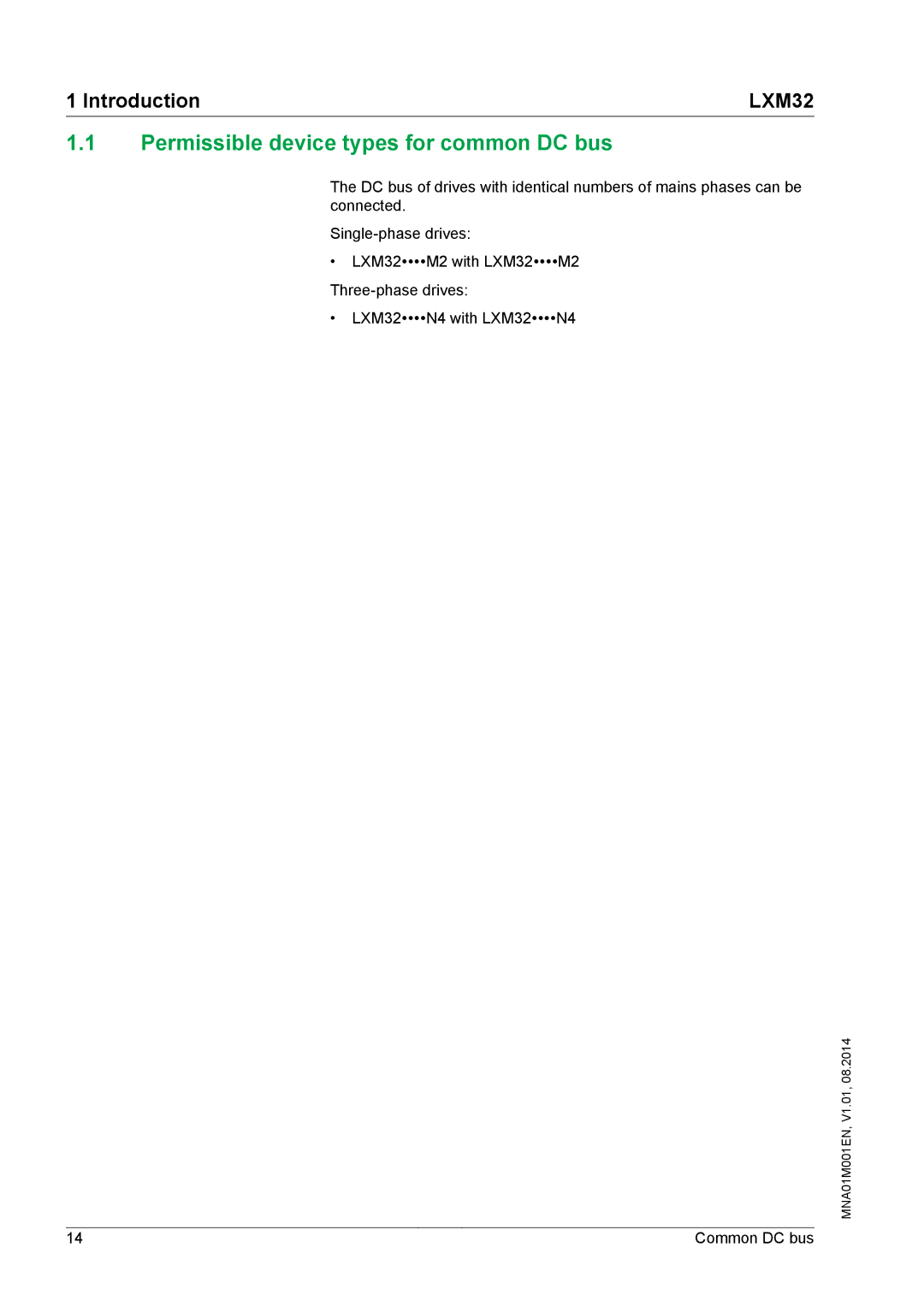 Schneider Electric MNA01M001EN manual Permissible device types for common DC bus 