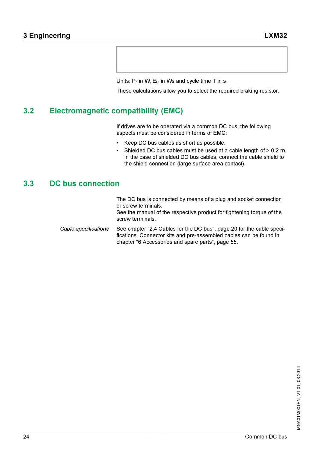 Schneider Electric MNA01M001EN manual Electromagnetic compatibility EMC, DC bus connection 