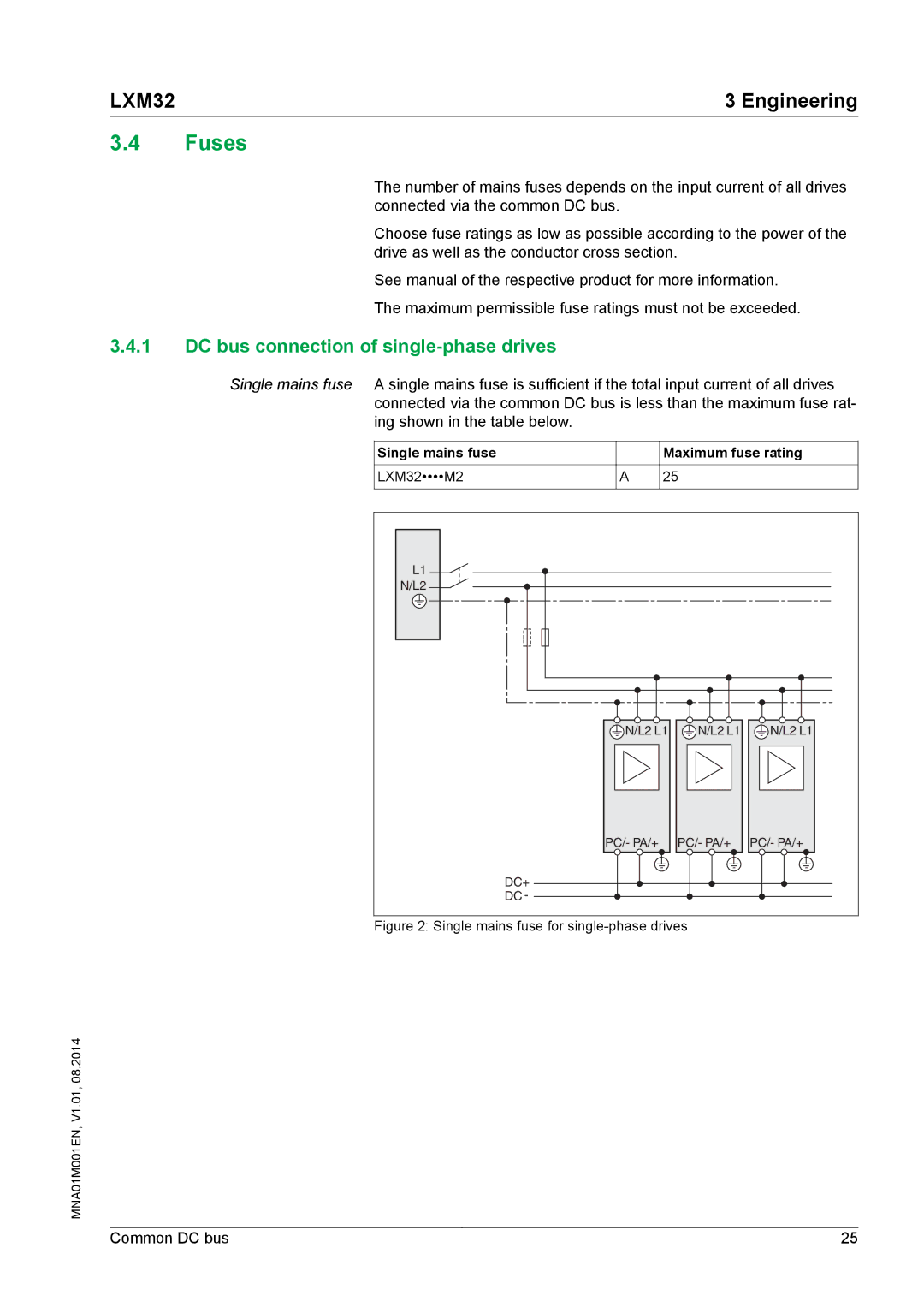 Schneider Electric MNA01M001EN manual Fuses, DC bus connection of single-phase drives 