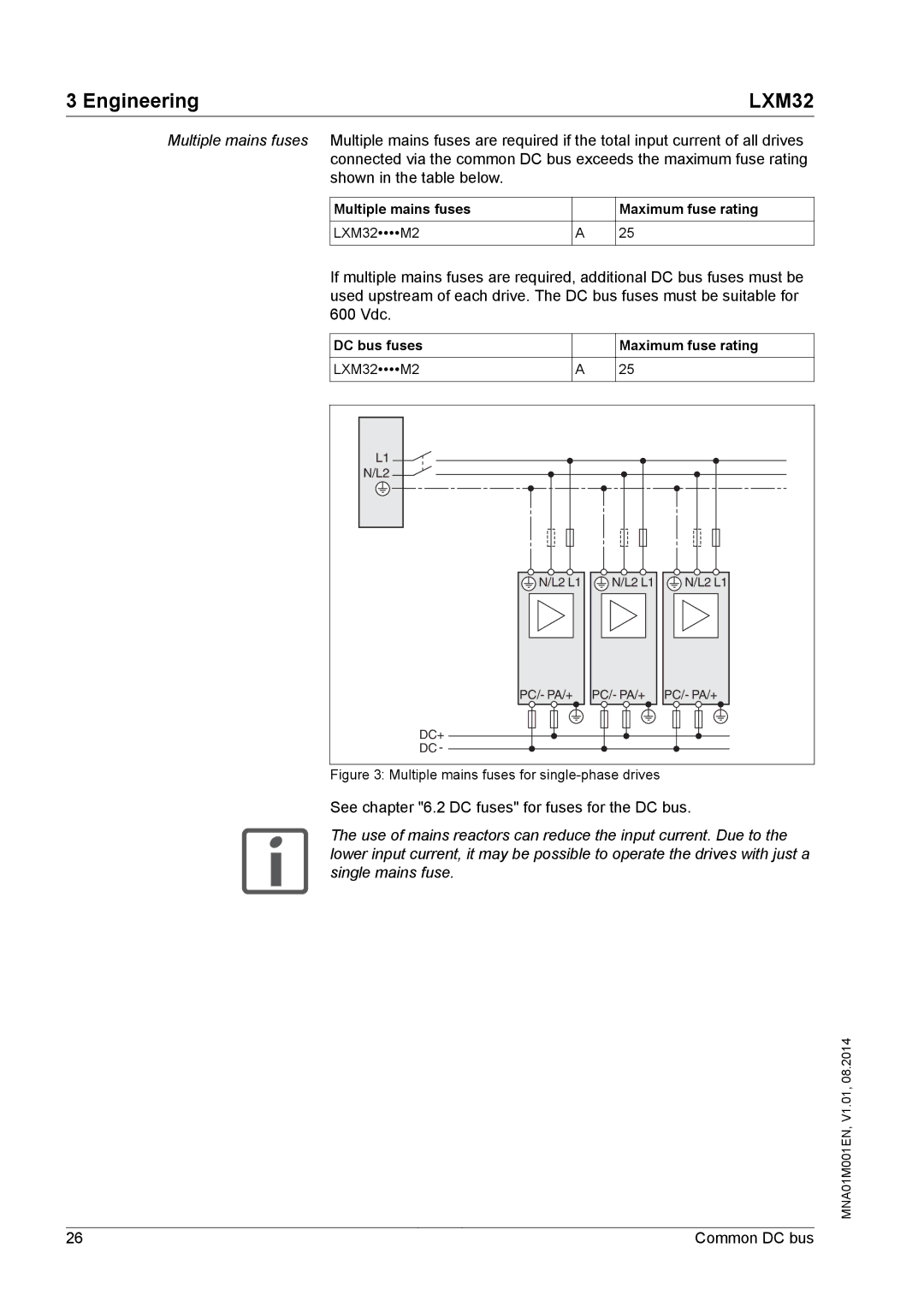 Schneider Electric MNA01M001EN manual See .2 DC fuses for fuses for the DC bus 