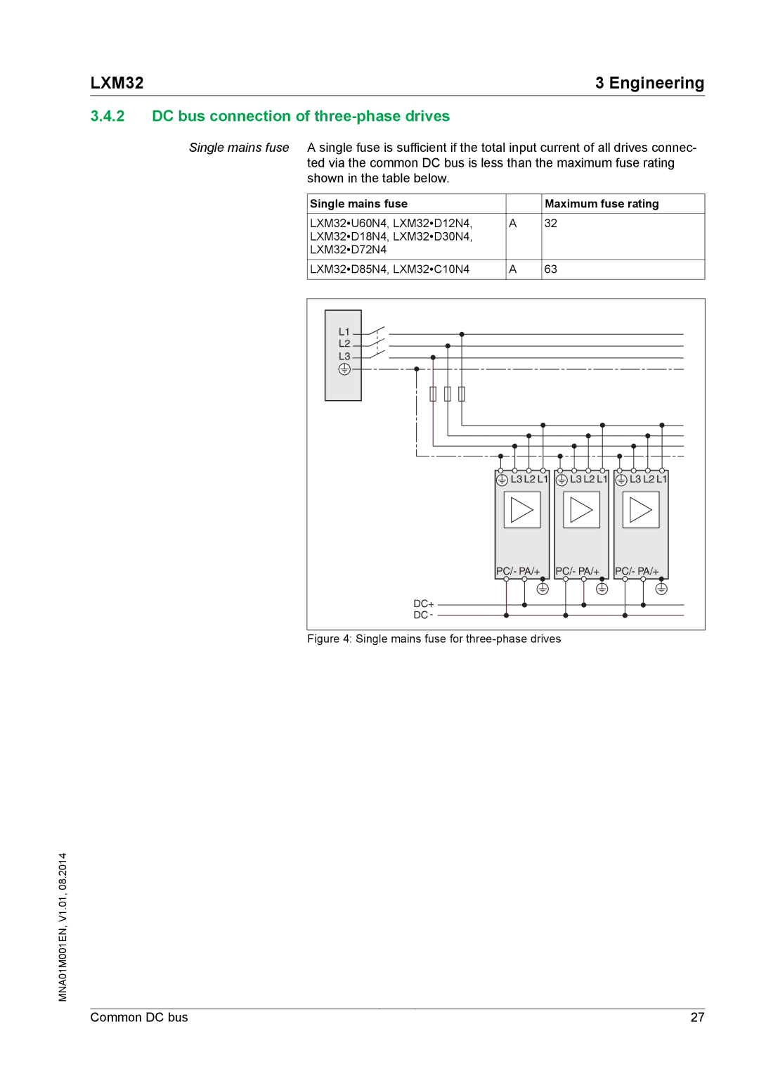 Schneider Electric MNA01M001EN manual DC bus connection of three-phase drives, Single mains fuse for three-phase drives 