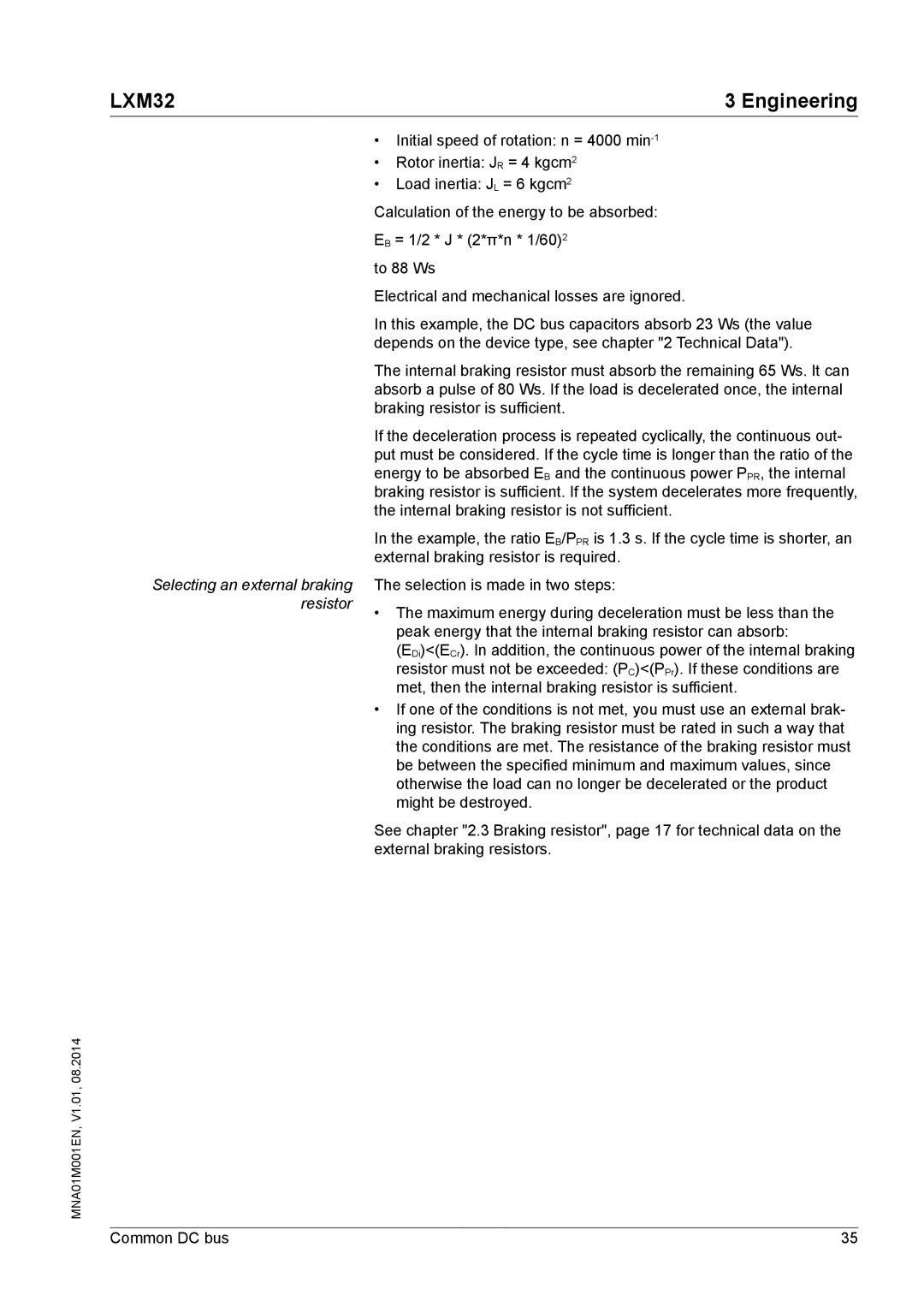 Schneider Electric MNA01M001EN manual Selecting an external braking resistor 