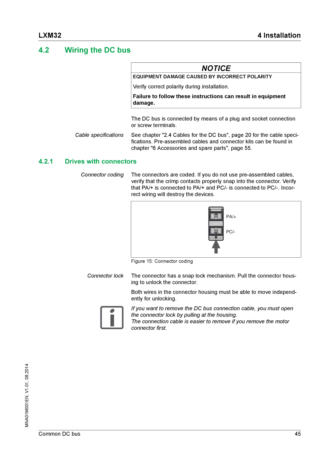 Schneider Electric MNA01M001EN manual Wiring the DC bus, Drives with connectors 