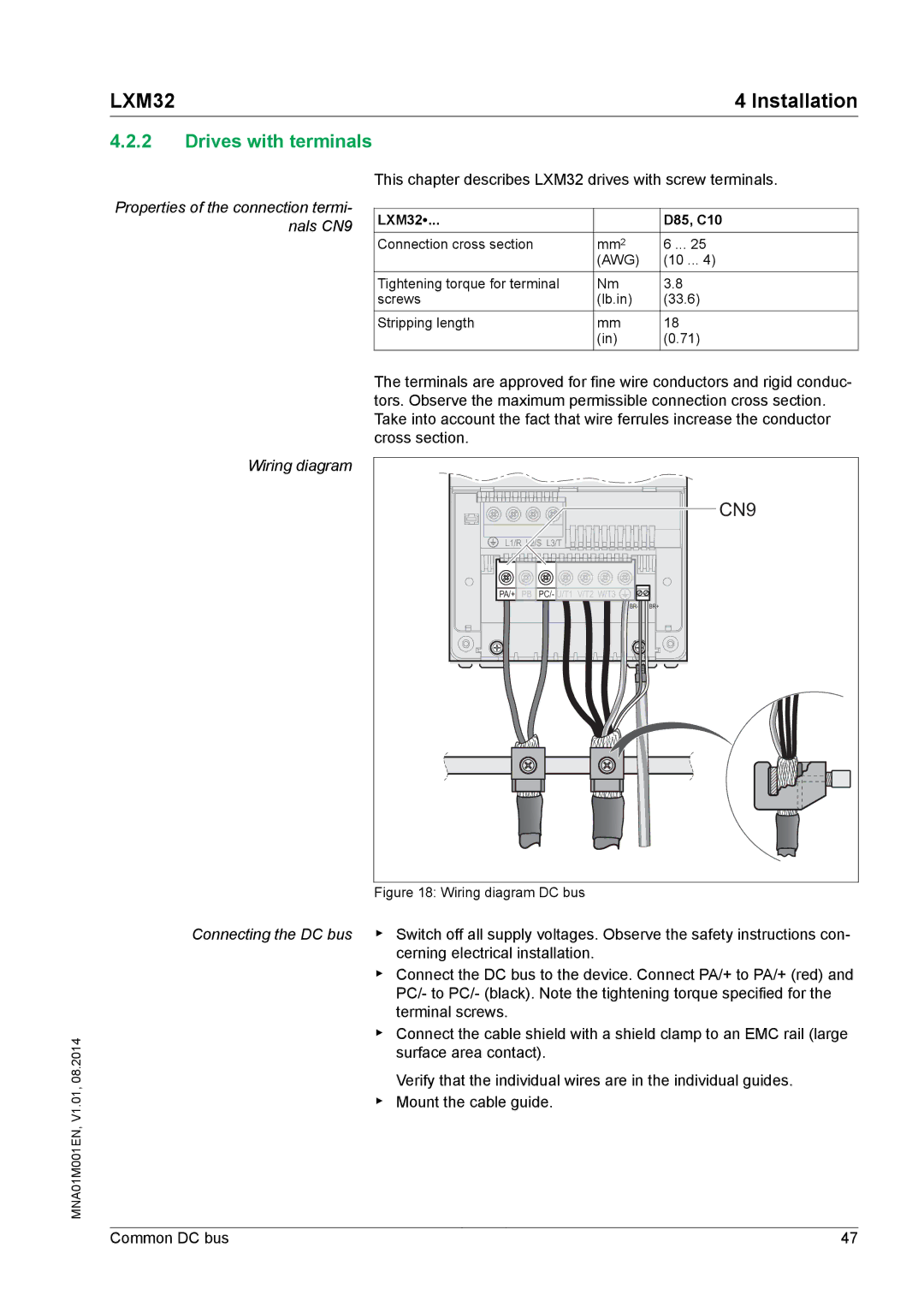 Schneider Electric MNA01M001EN manual Drives with terminals, Properties of the connection termi- nals CN9 