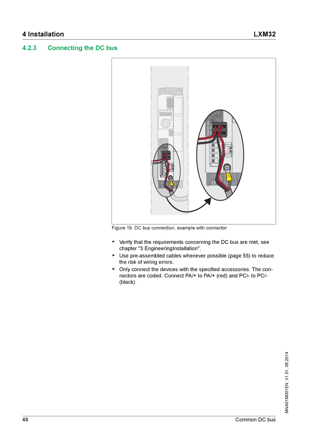 Schneider Electric MNA01M001EN manual Connecting the DC bus, DC bus connection, example with connector 