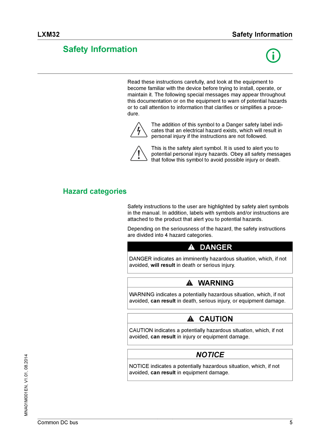 Schneider Electric MNA01M001EN manual Safety Information, Hazard categories 