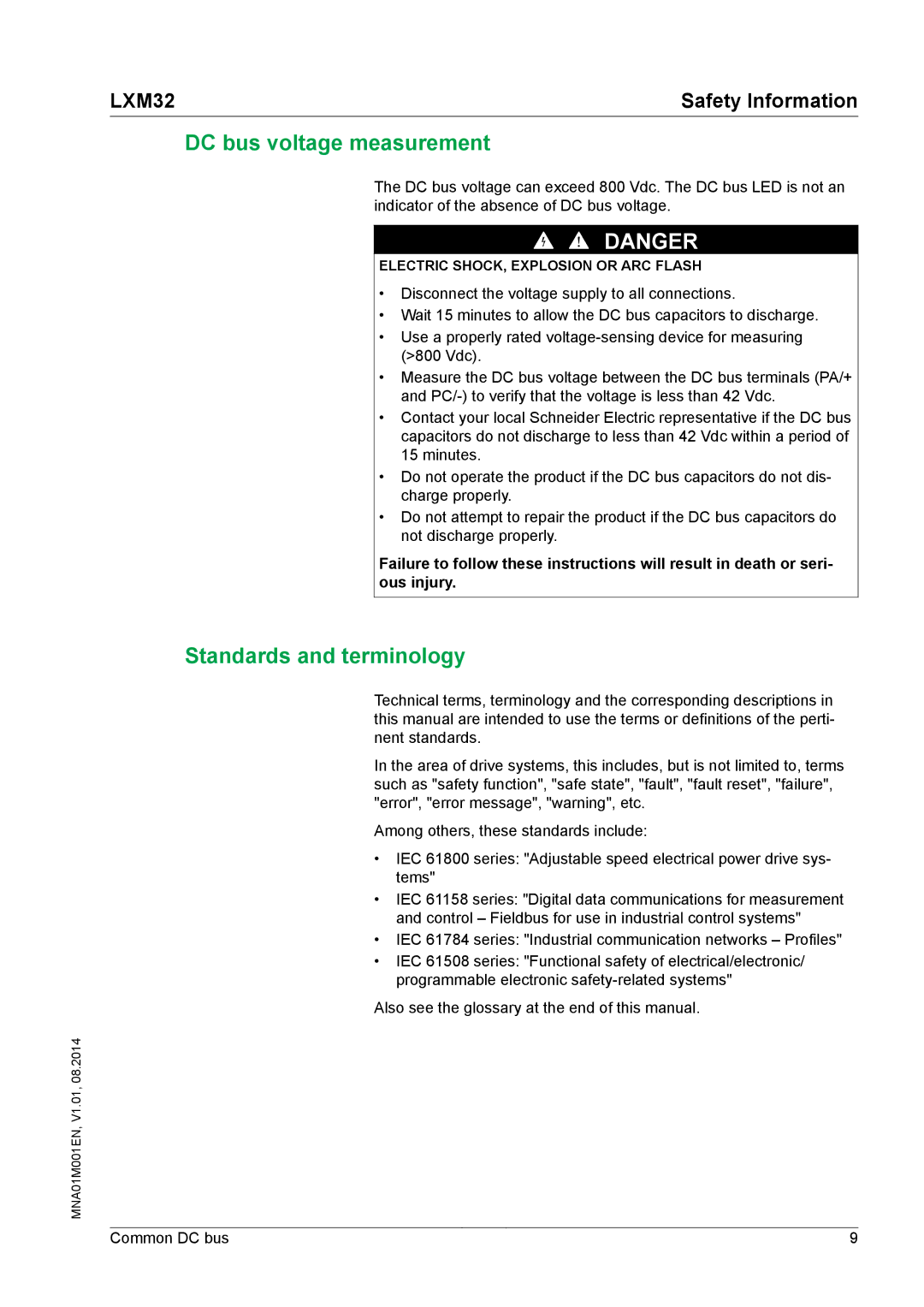 Schneider Electric MNA01M001EN manual DC bus voltage measurement, Standards and terminology 