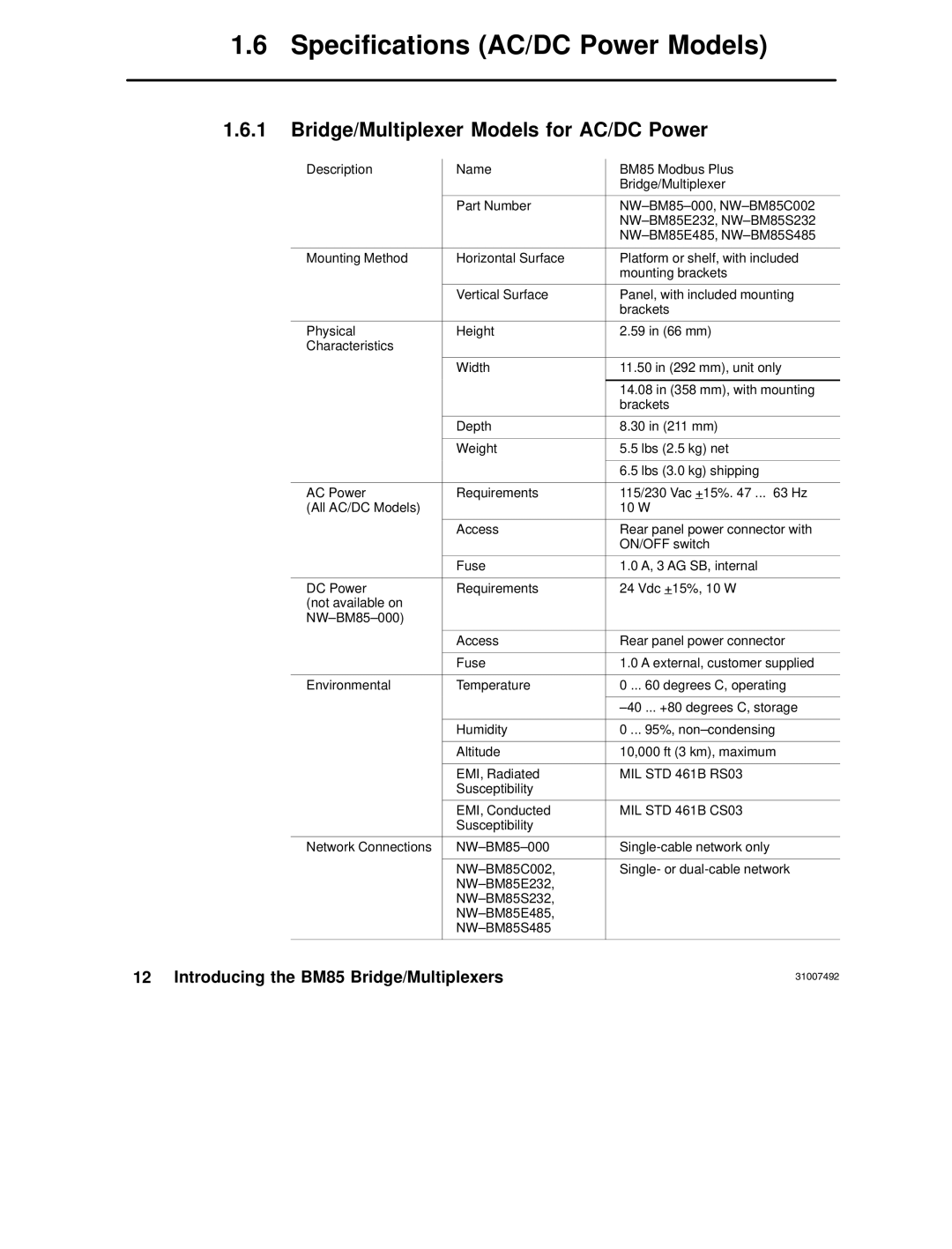 Schneider Electric none manual Specifications AC/DC Power Models, Bridge/Multiplexer Models for AC/DC Power 