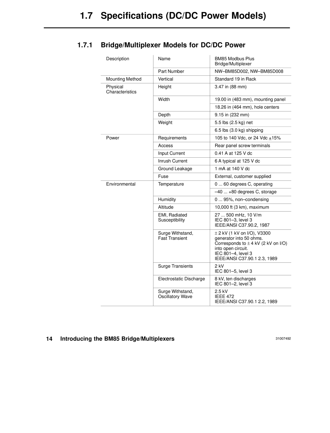 Schneider Electric none manual Specifications DC/DC Power Models, Bridge/Multiplexer Models for DC/DC Power 