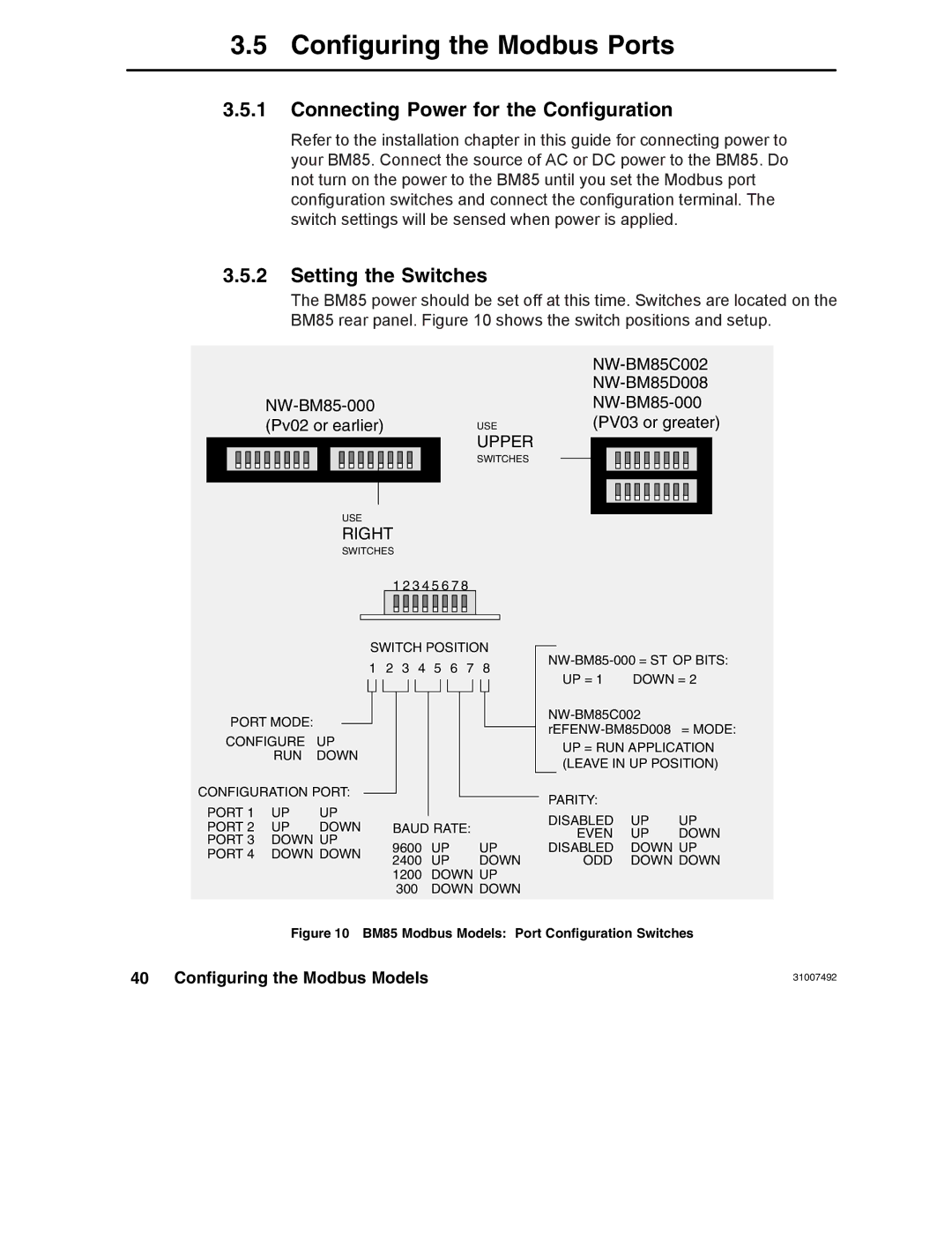 Schneider Electric none manual Configuring the Modbus Ports, Connecting Power for the Configuration, Setting the Switches 