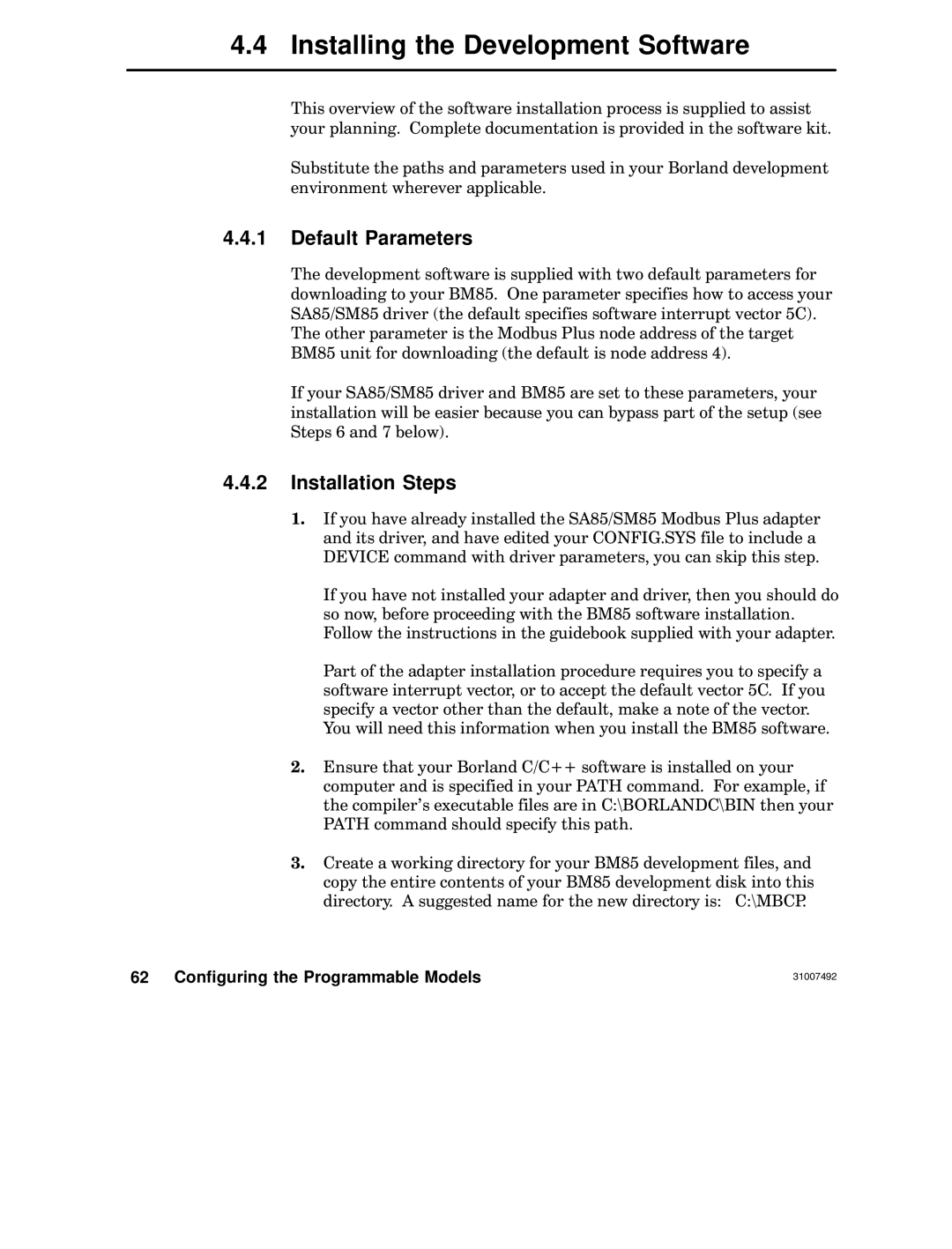 Schneider Electric none manual Installing the Development Software, Default Parameters, Installation Steps 