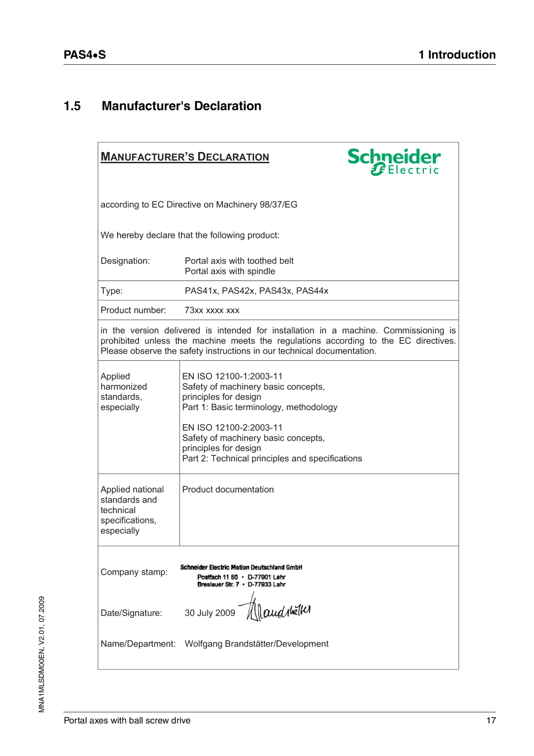 Schneider Electric PAS4S manual Manufacturers Declaration, MANUFACTURER’S Declaration 