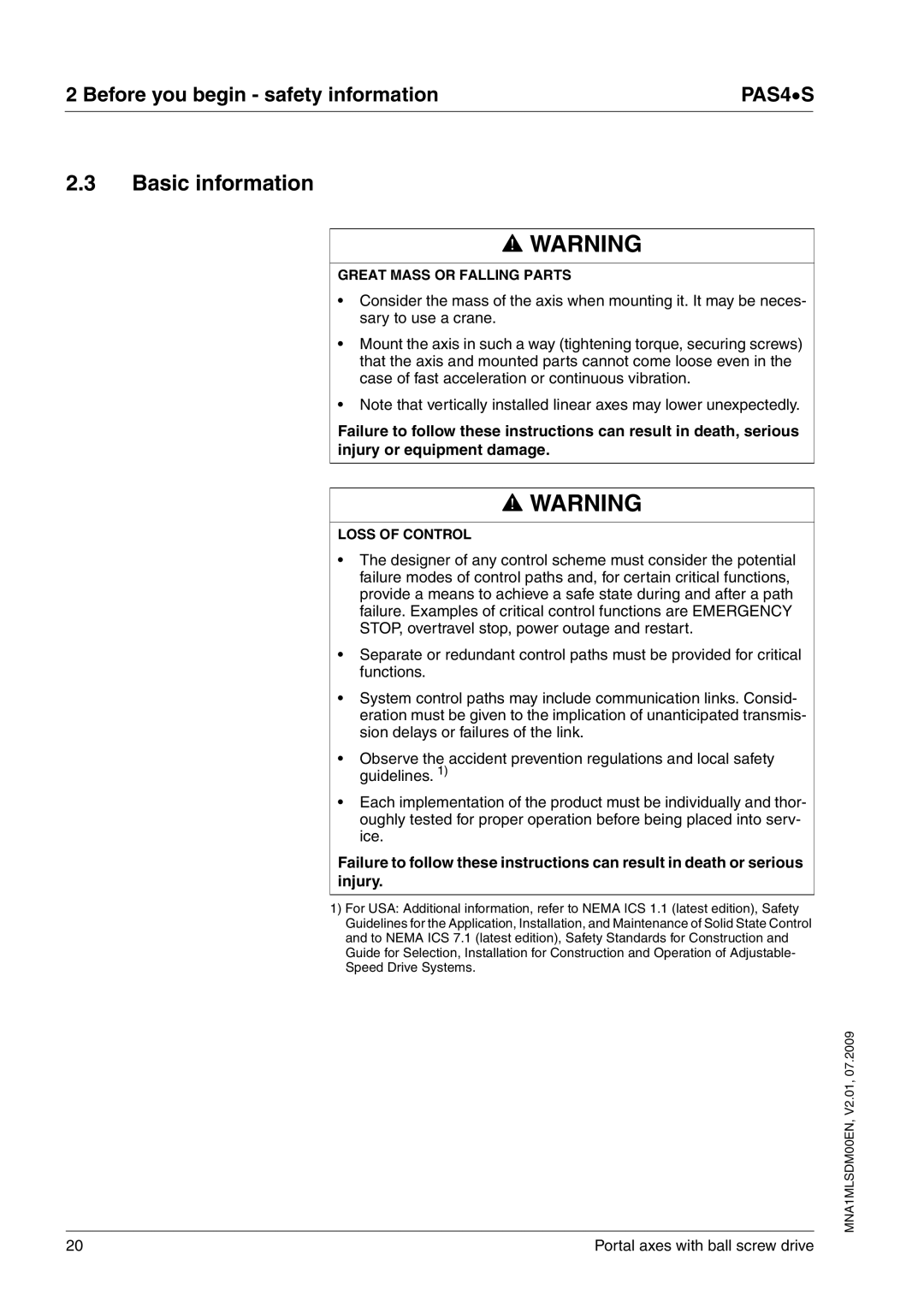 Schneider Electric PAS4S manual Basic information, Great Mass or Falling Parts, Loss of Control 