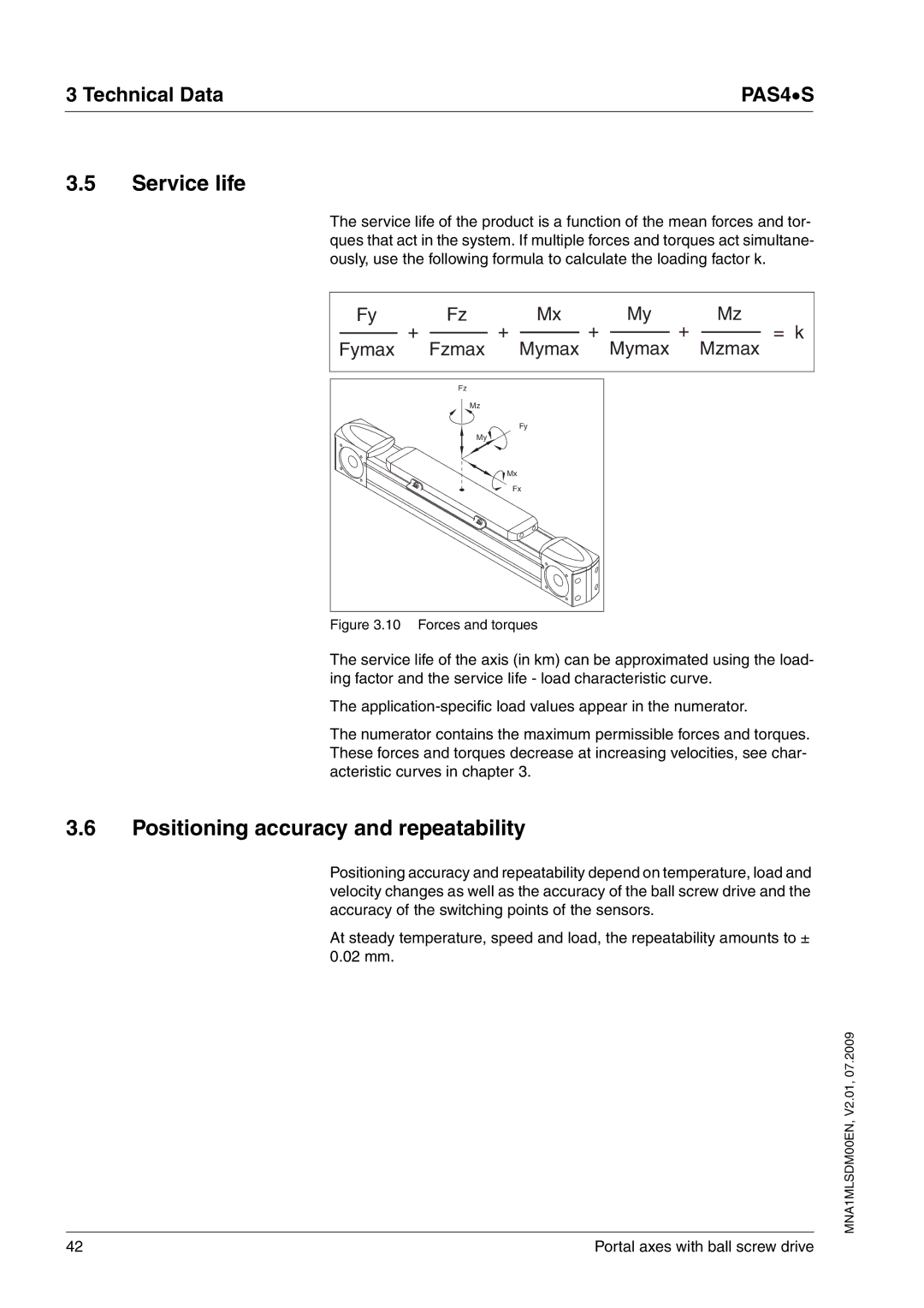 Schneider Electric PAS4S manual Service life, Positioning accuracy and repeatability 