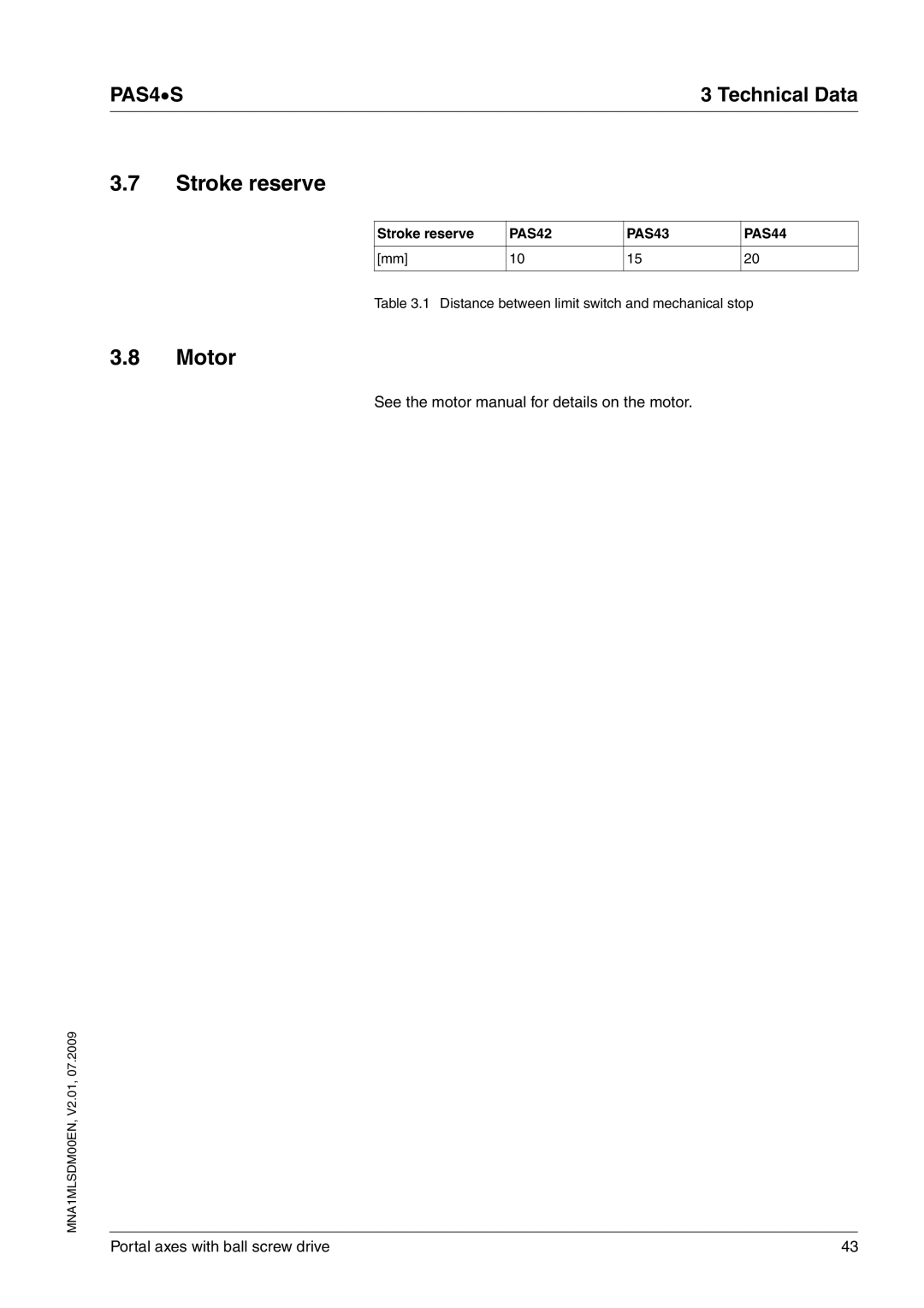 Schneider Electric PAS4S manual Stroke reserve, Motor, PAS42 PAS43 PAS44 