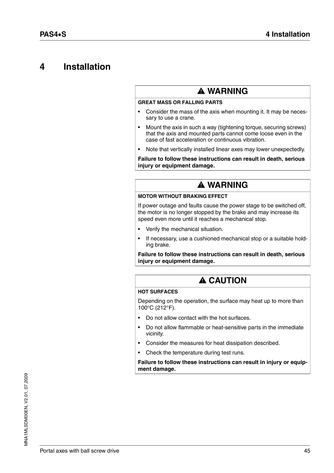 Schneider Electric PAS4S manual Installation, Motor Without Braking Effect, HOT Surfaces 