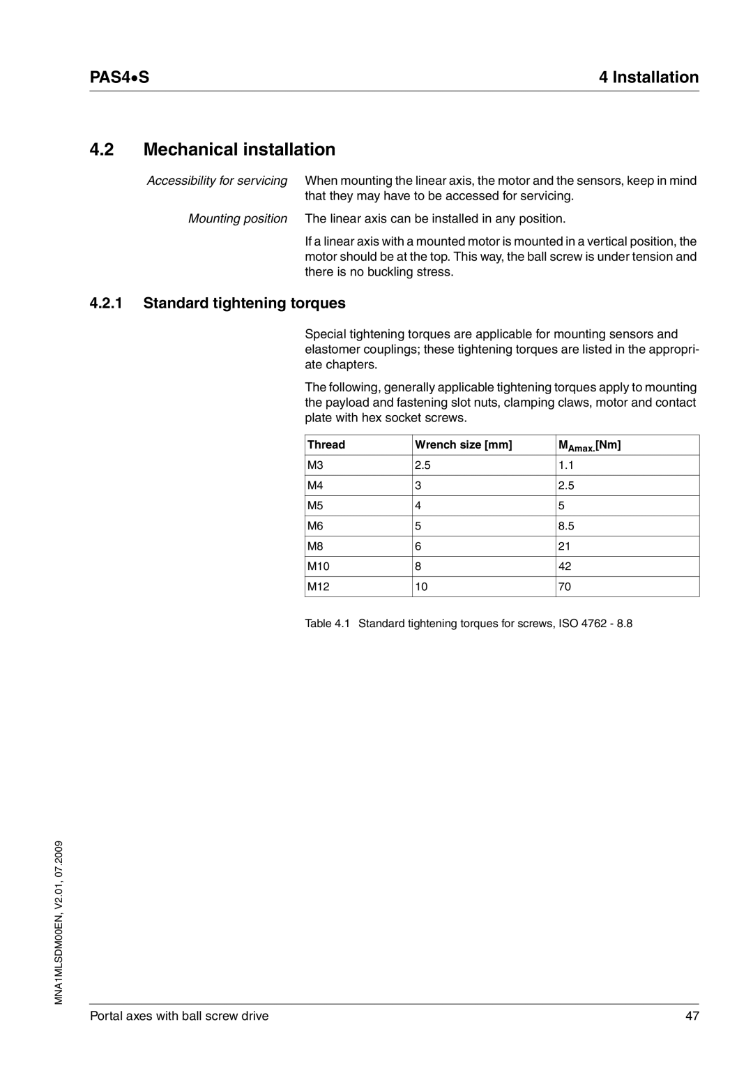 Schneider Electric PAS4S manual Mechanical installation, Standard tightening torques 