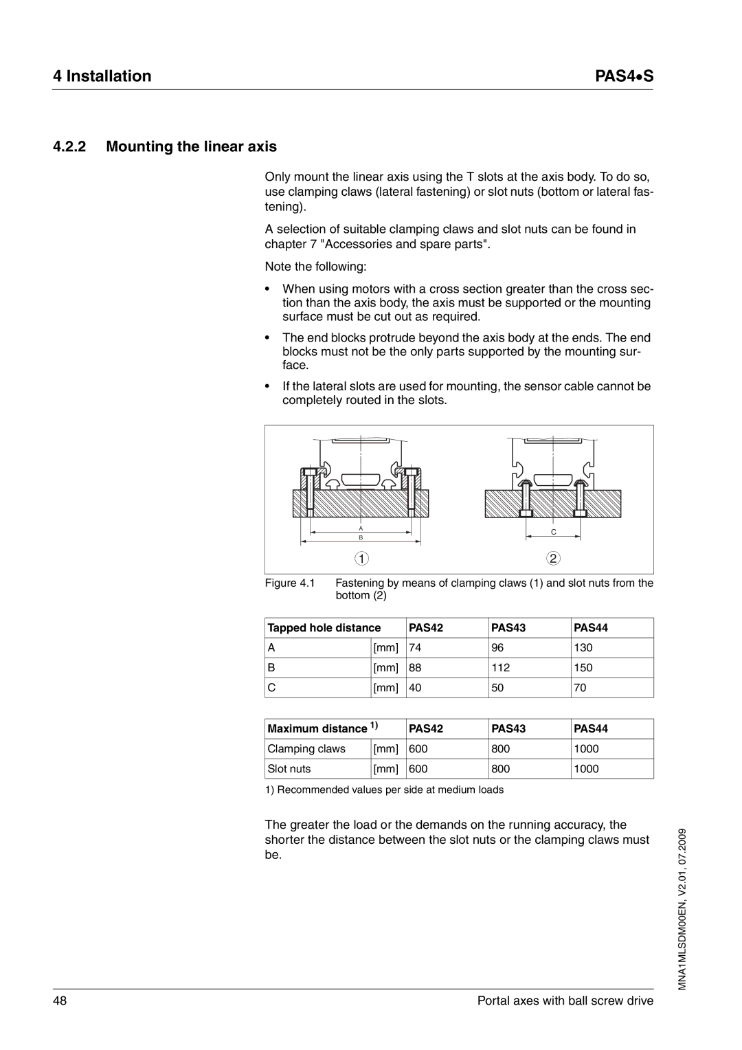 Schneider Electric PAS4S manual Mounting the linear axis, PAS42 PAS43 PAS44 