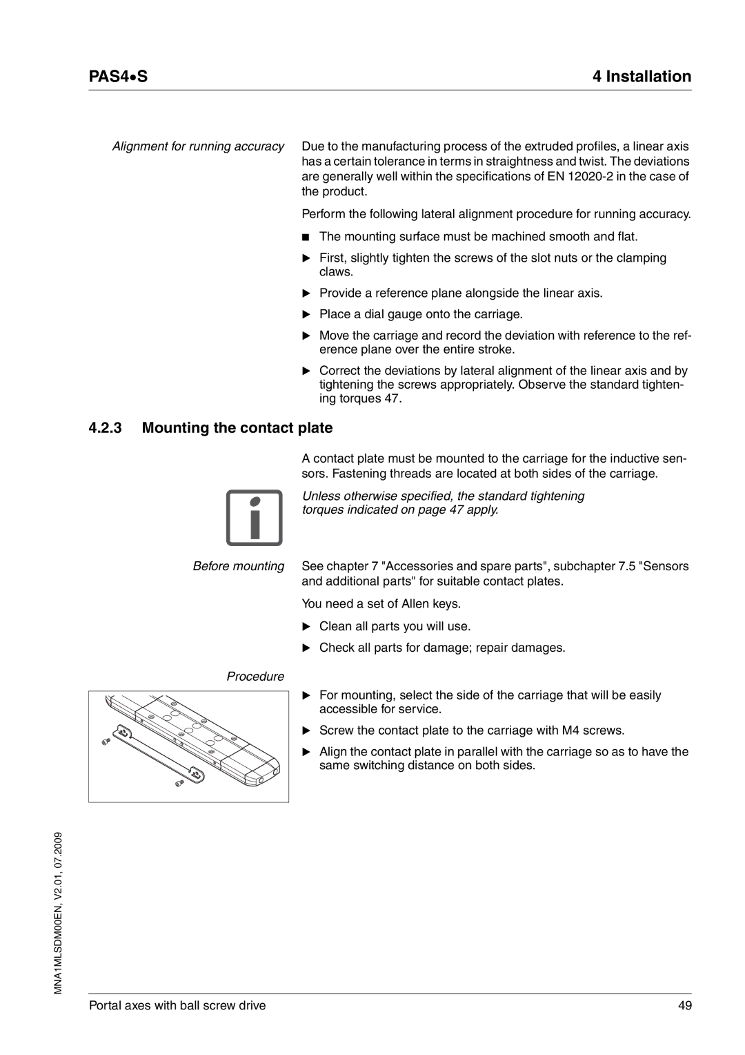 Schneider Electric PAS4S manual Mounting the contact plate, Procedure 